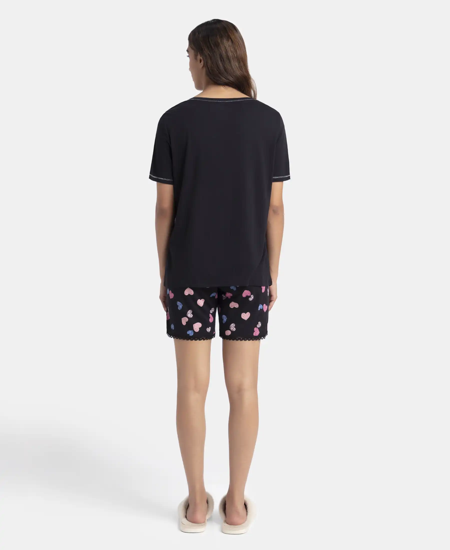 Micro Modal Cotton Short Sleeve T-Shirt and Printed Shorts Set - Black - Image 3