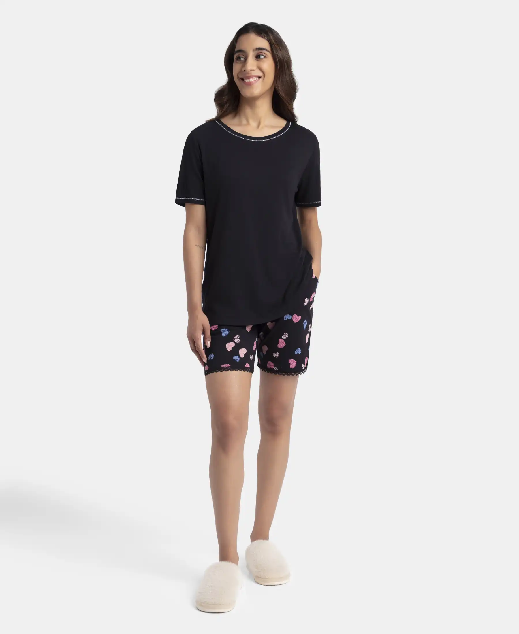 Micro Modal Cotton Short Sleeve T-Shirt and Printed Shorts Set - Black - Image 4