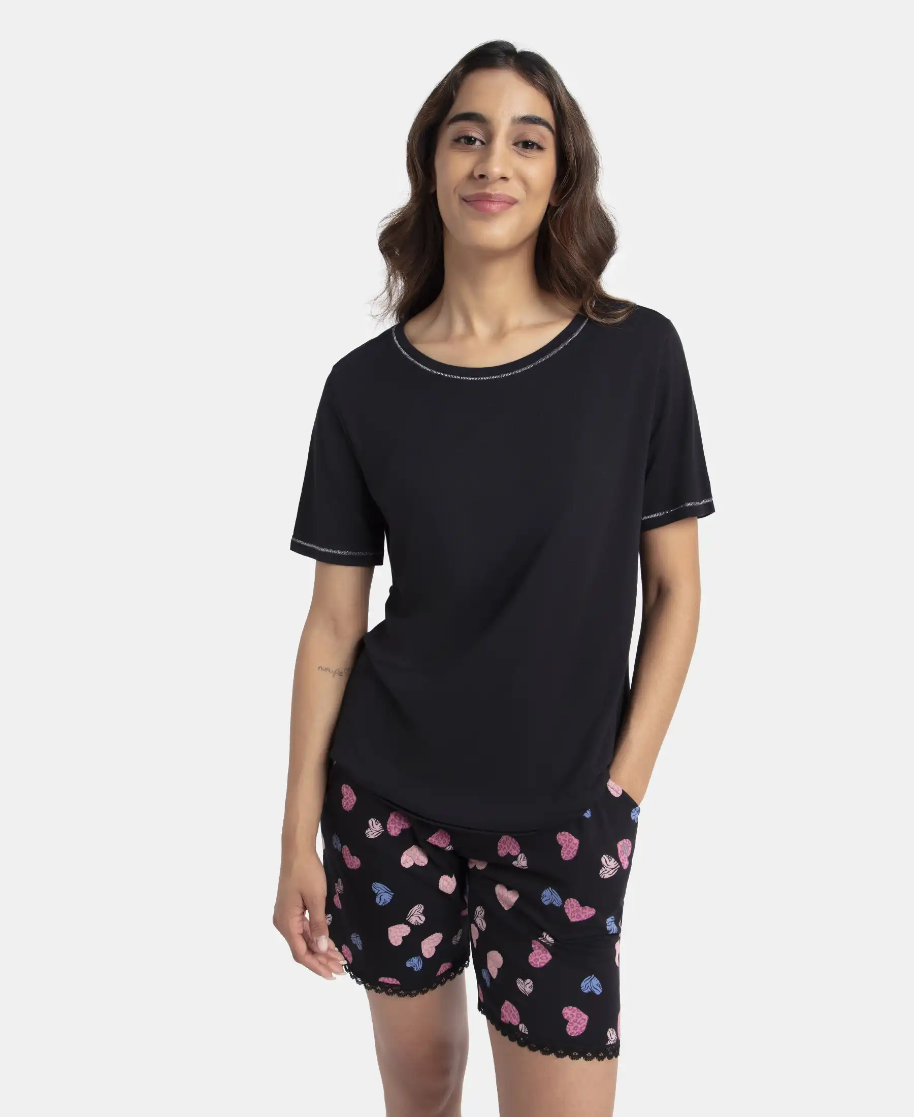 Micro Modal Cotton Short Sleeve T-Shirt and Printed Shorts Set - Black - Image 5