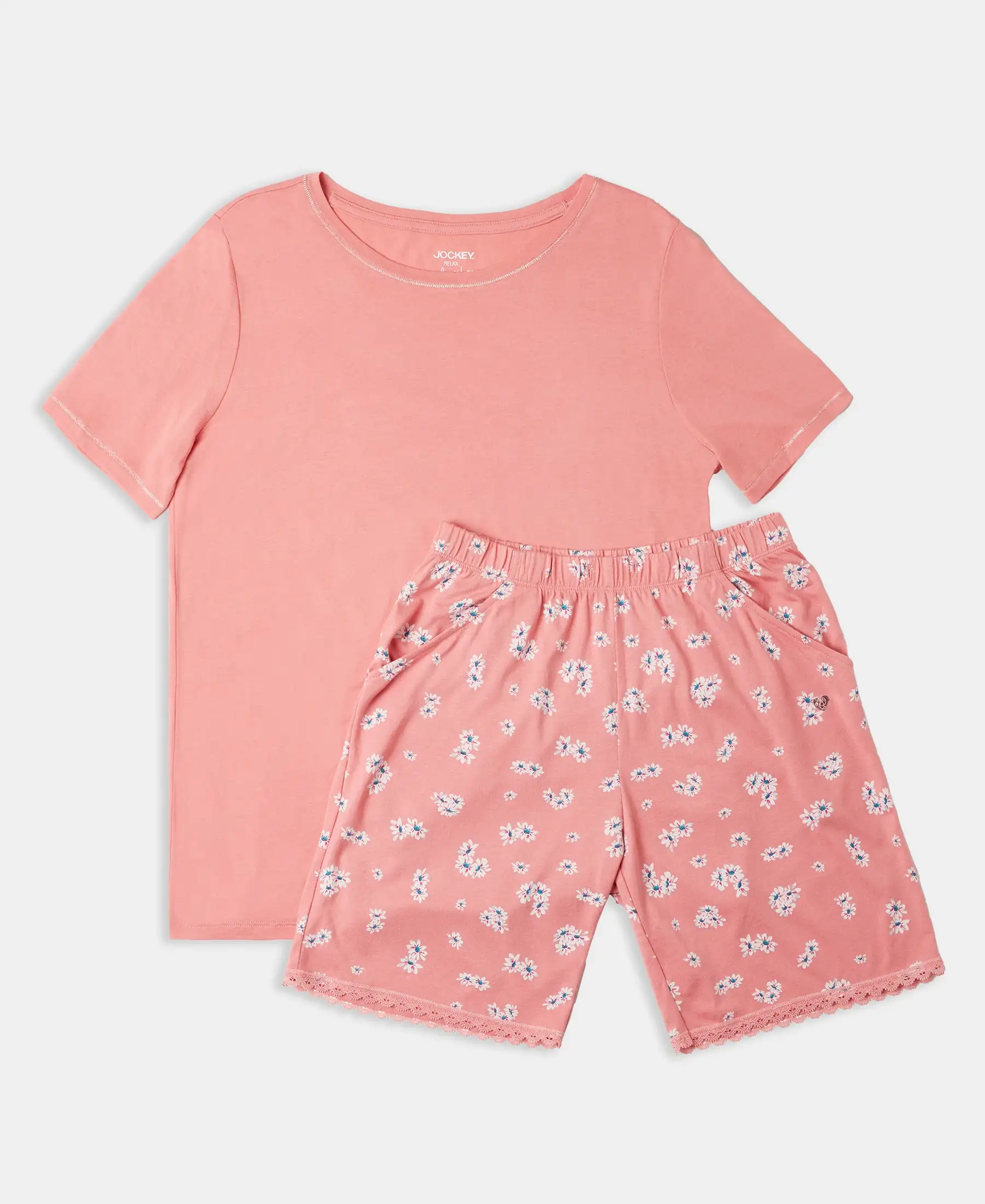 Micro Modal Cotton Short Sleeve T-Shirt and Printed Shorts Set - Peach Blossom - Image 10