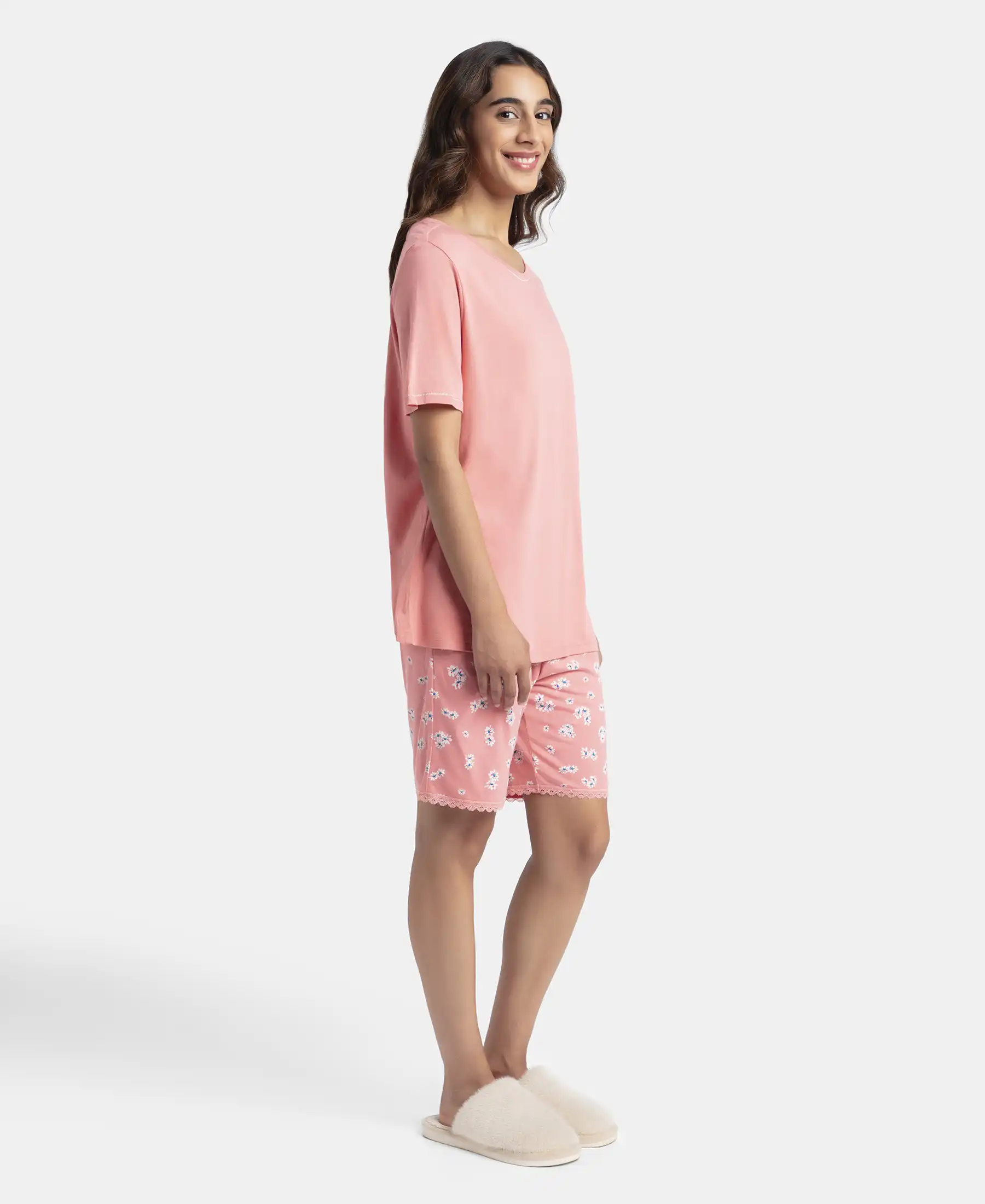 Micro Modal Cotton Short Sleeve T-Shirt and Printed Shorts Set - Peach Blossom - Image 2