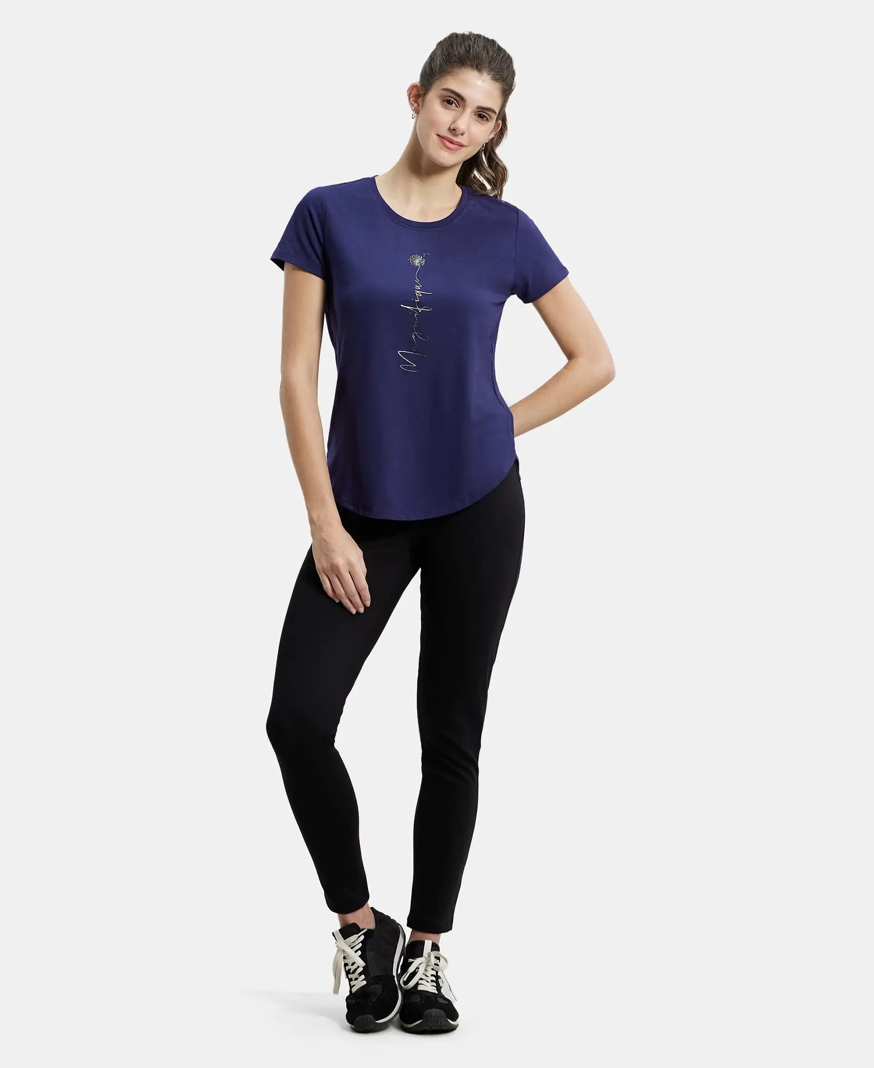 Micro Modal Fiber Elastane Stretch Relaxed Fit Graphic Print Round Neck Half Sleeve T-Shirt With Curved Hem Styling - Classic Navy - Image 4