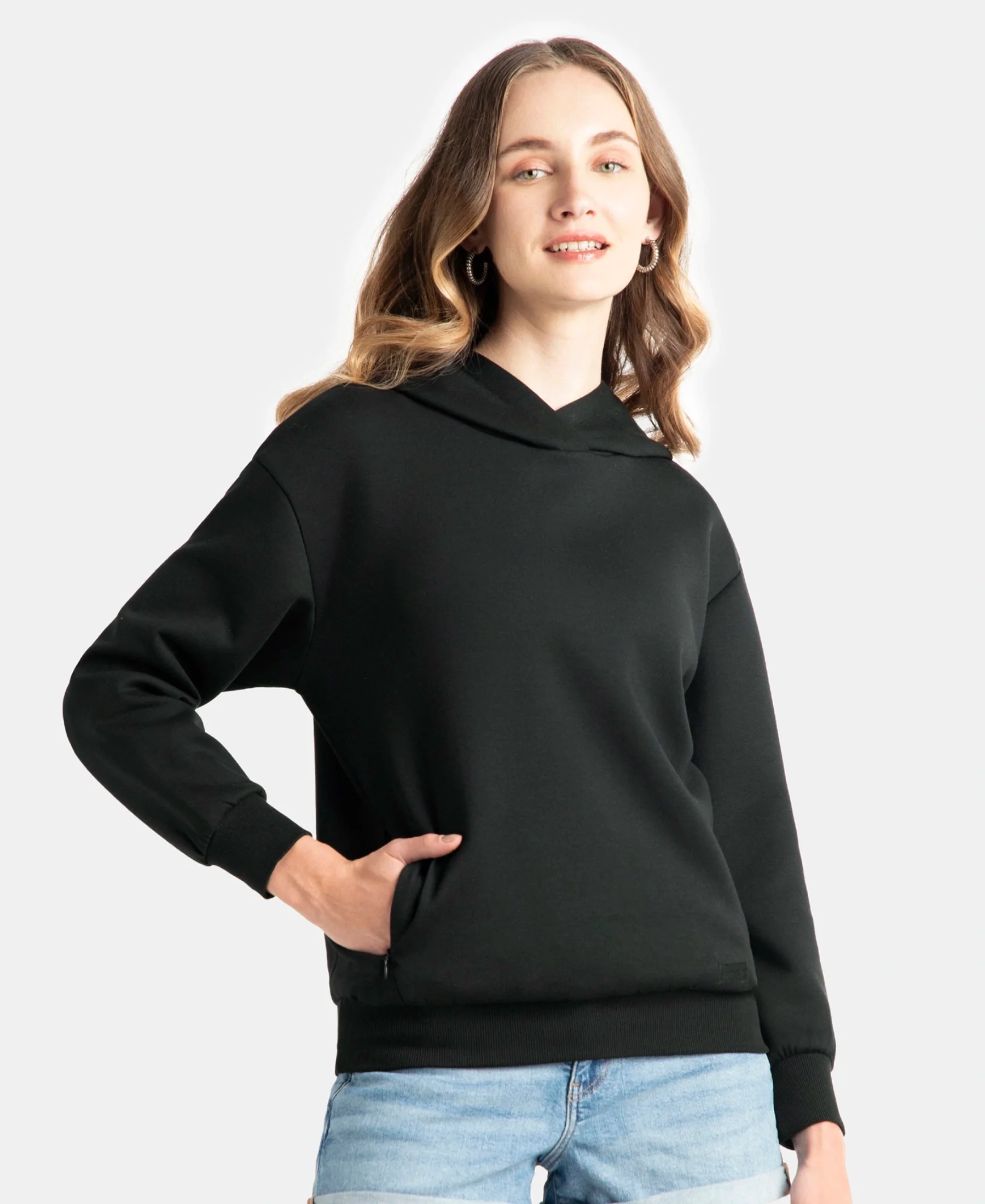 Microfiber Cotton Blend Elastane Stretch Drop Shoulder Hoodie Sweatshirt - Black - Image 2