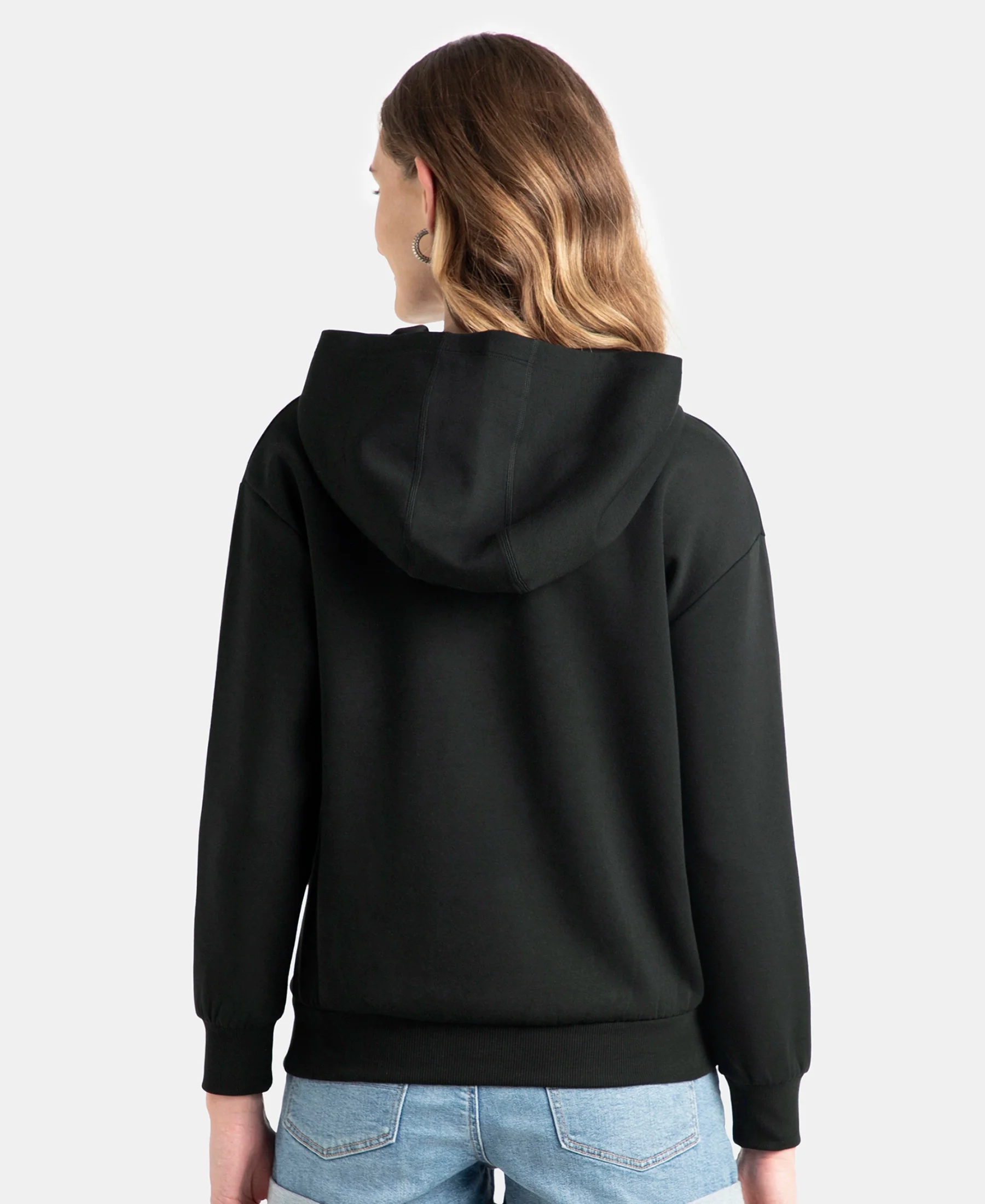 Microfiber Cotton Blend Elastane Stretch Drop Shoulder Hoodie Sweatshirt - Black - Image 3