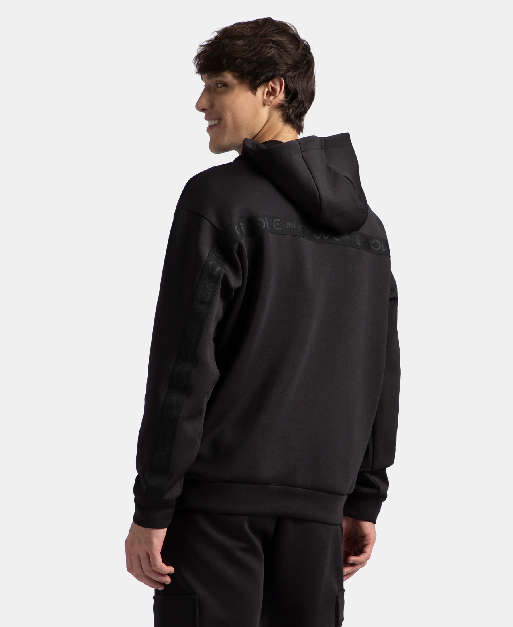 Microfiber Cotton Blend Elastane Stretch Hoodie Sweatshirt - Black - Image 3