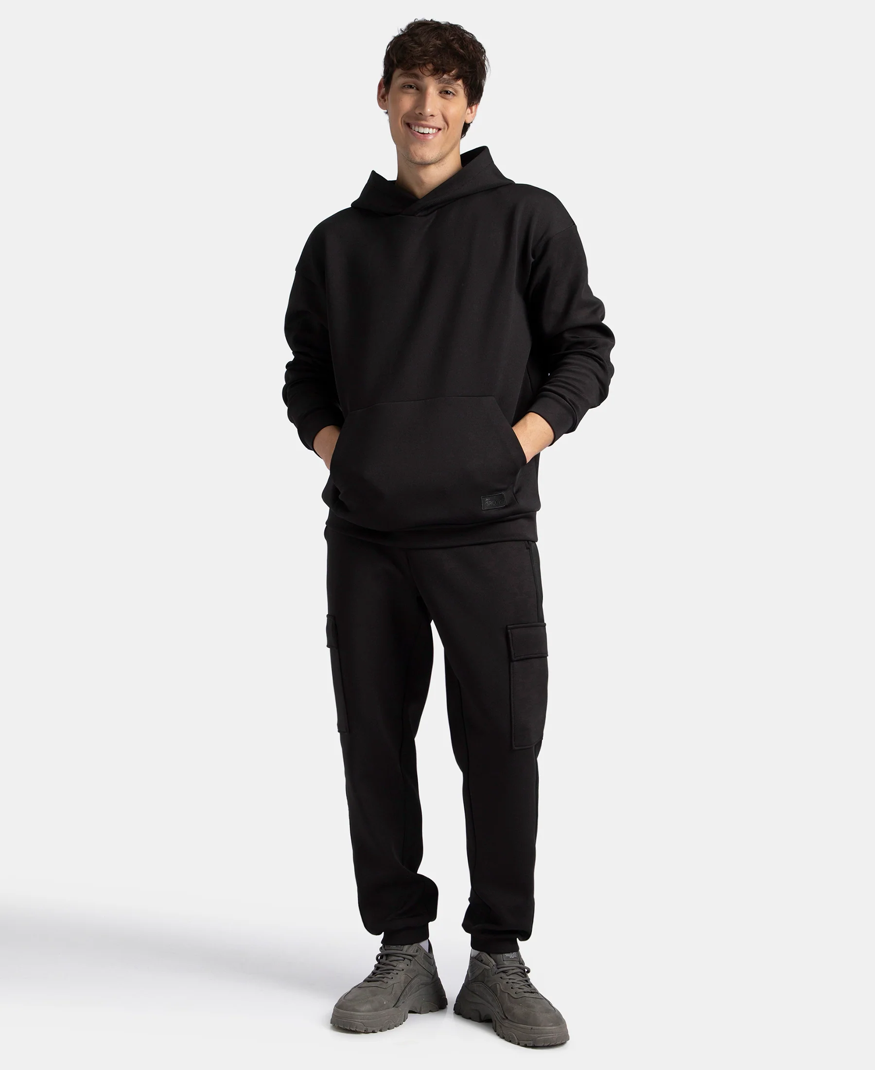 Microfiber Cotton Blend Elastane Stretch Hoodie Sweatshirt - Black - Image 4