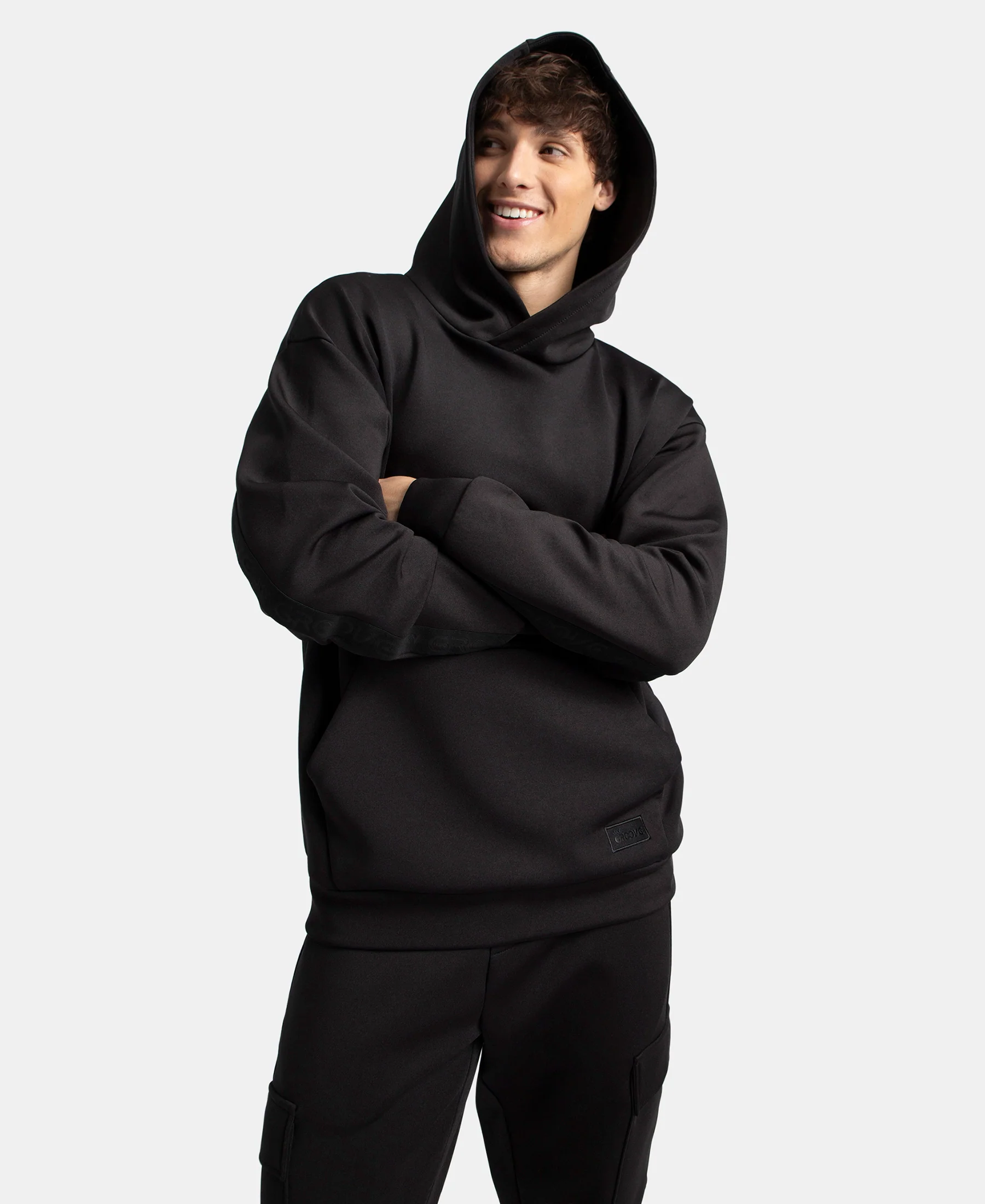 Microfiber Cotton Blend Elastane Stretch Hoodie Sweatshirt - Black - Image 5