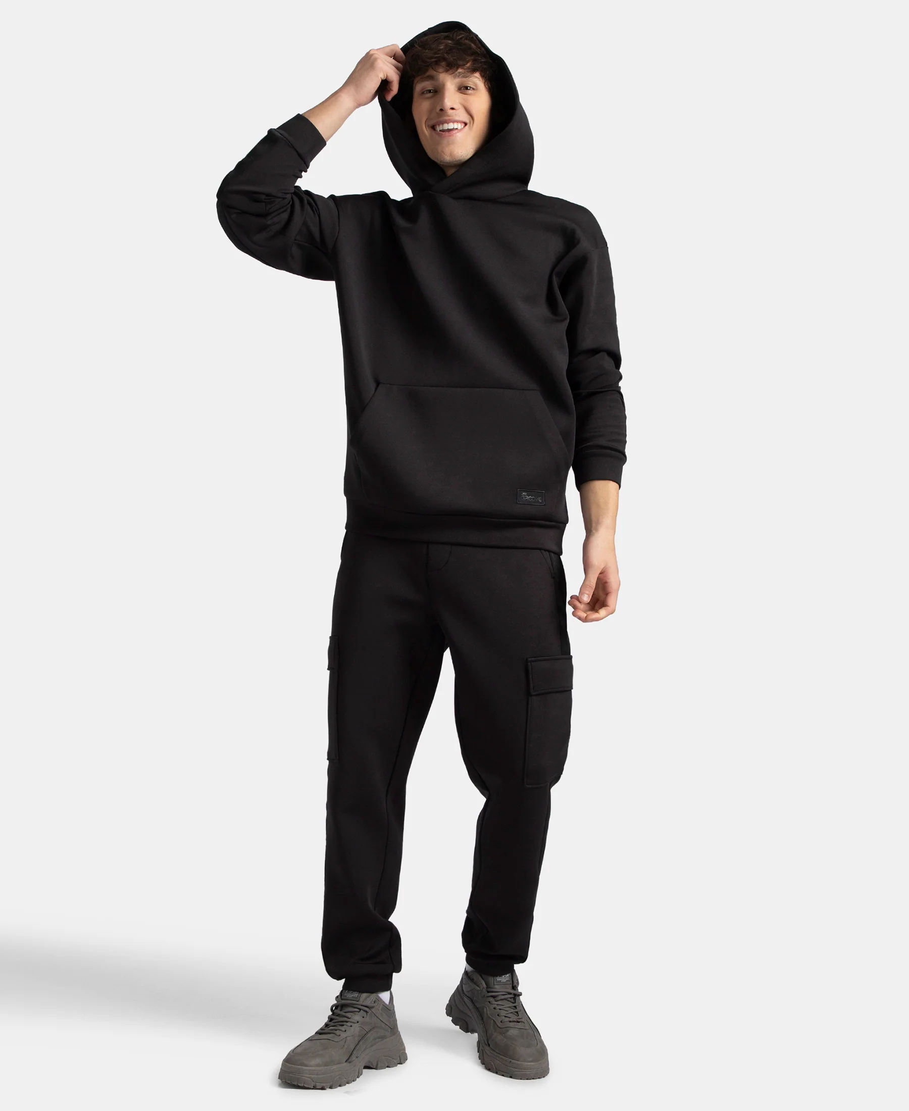 Microfiber Cotton Blend Elastane Stretch Hoodie Sweatshirt - Black - Image 6