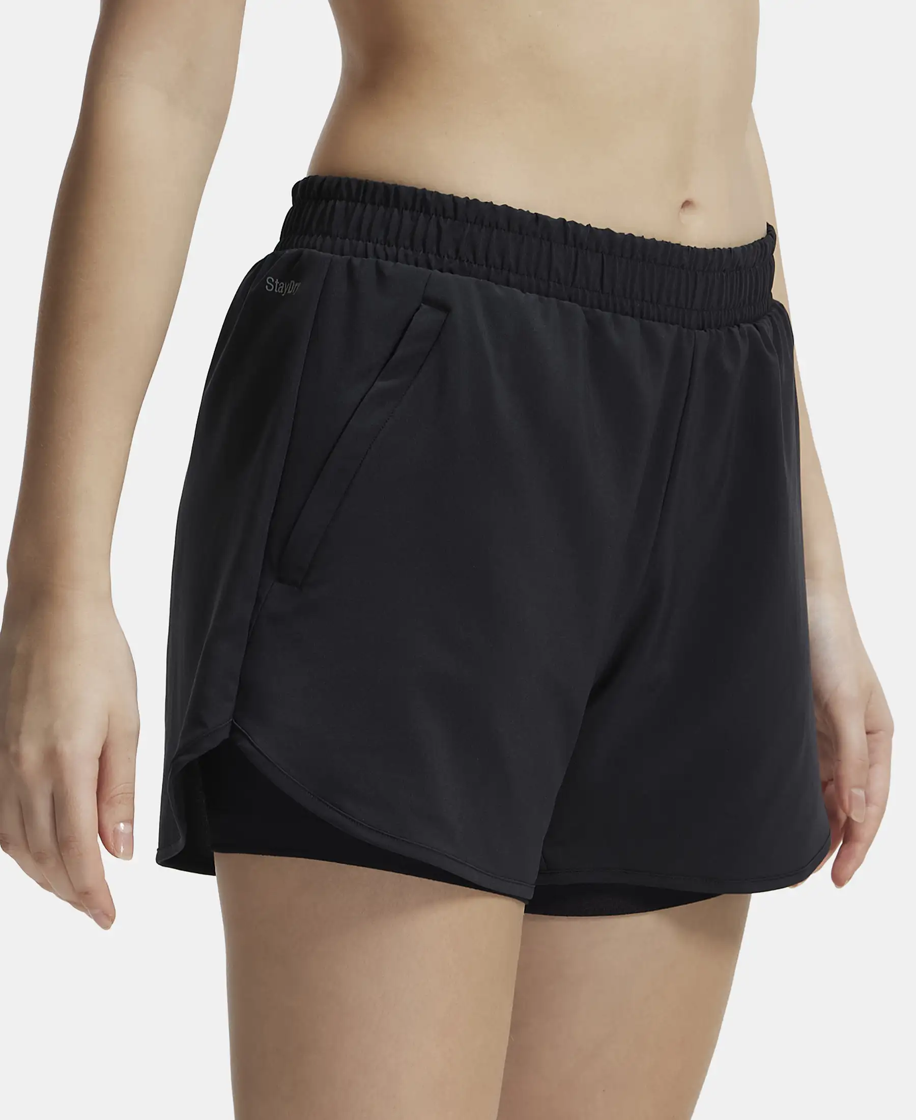 Microfiber Elastane Stretch Double Layered Woven Fabric Regular Fit Shorts with Zipper Pockets - Black - Image 2