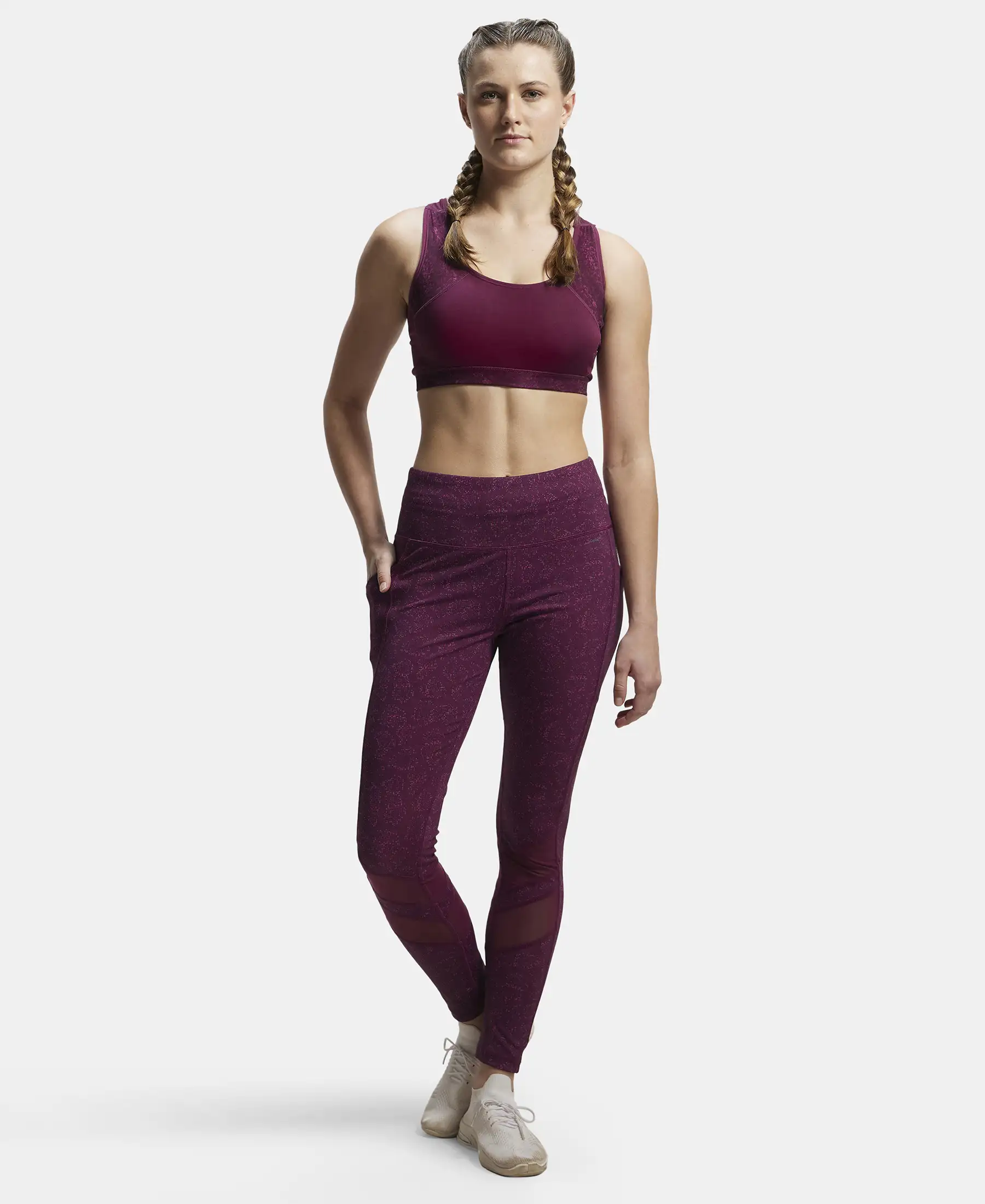 Microfiber Elastane Stretch Performance Leggings with Breathable Mesh - Grapewine Print - Image 4