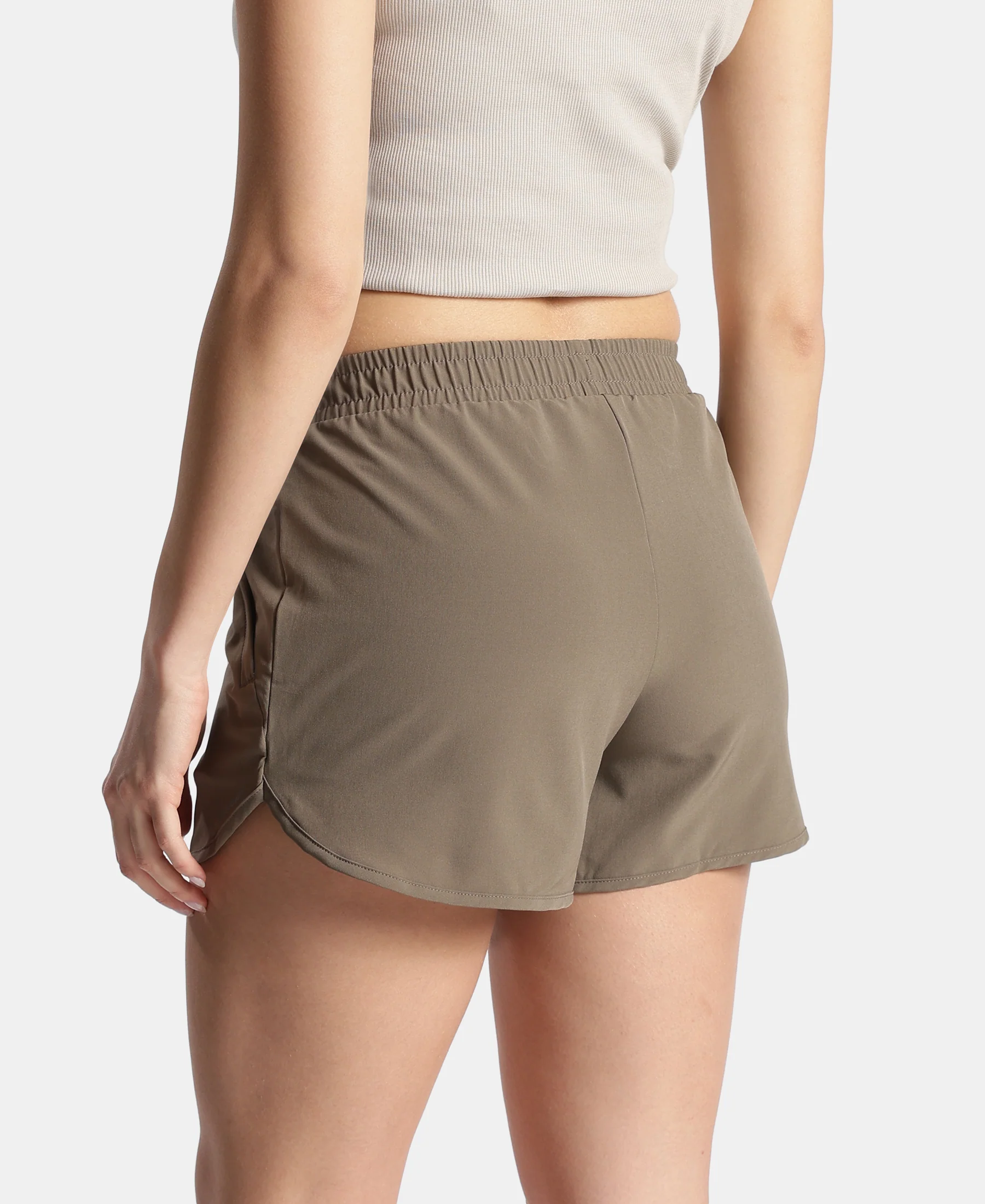 Microfiber Elastane Stretch Double Layered Woven Fabric Regular Fit Shorts with Zipper Pockets - Earth - Image 3