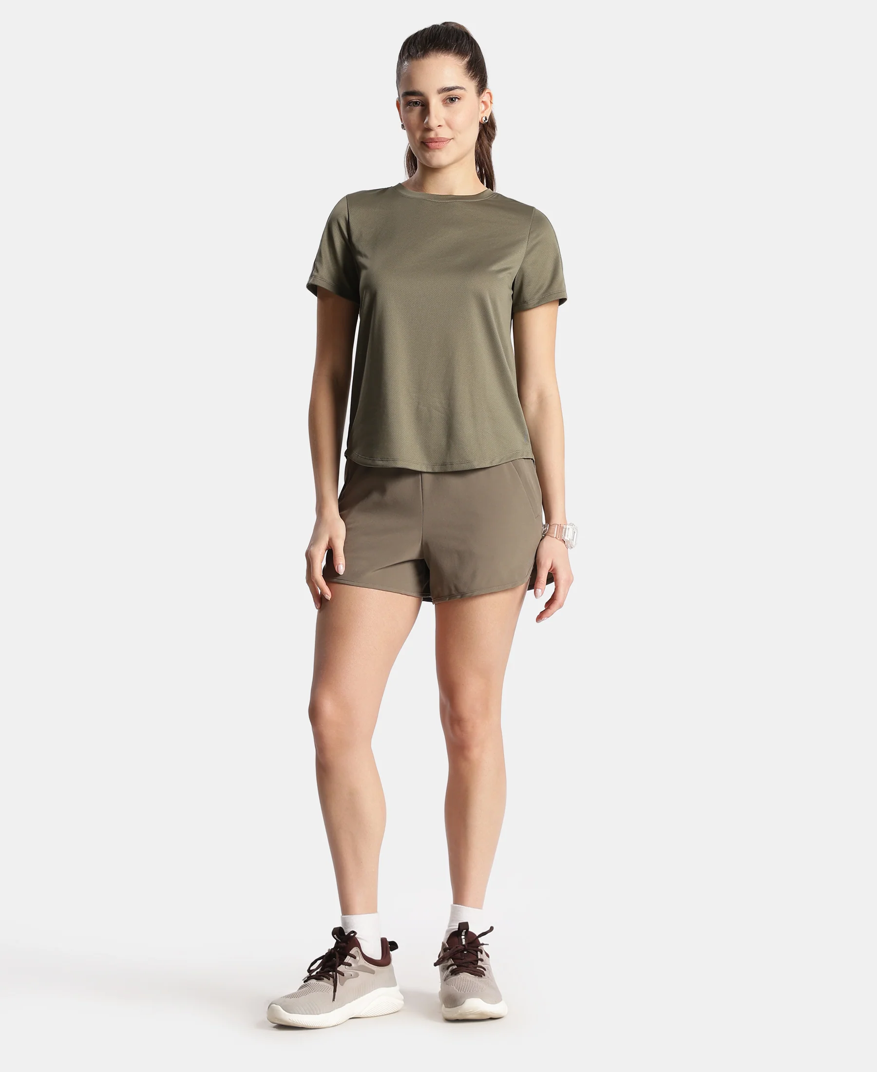 Microfiber Elastane Stretch Double Layered Woven Fabric Regular Fit Shorts with Zipper Pockets - Earth - Image 4