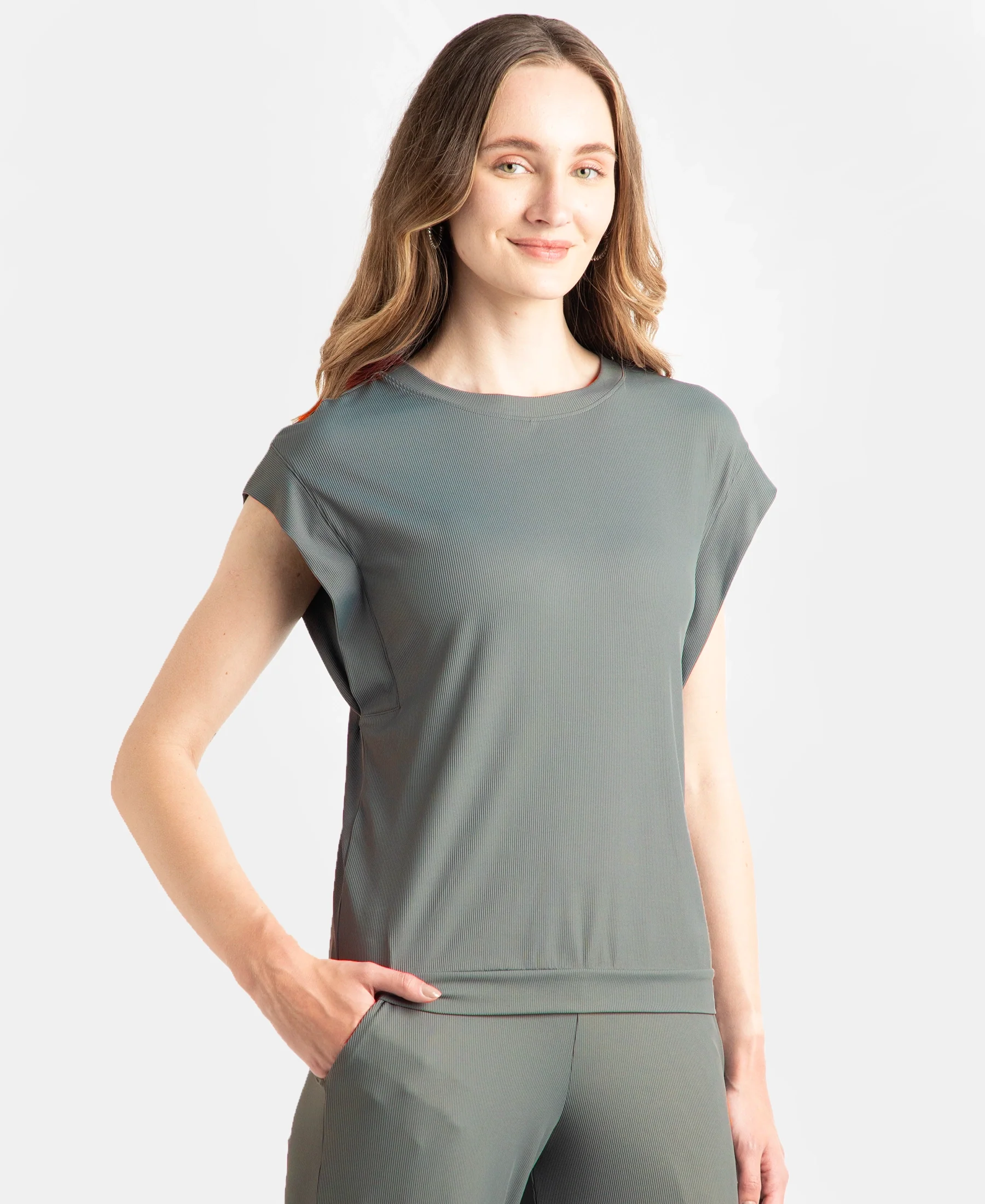 Microfiber Elastane Stretch Hybrid Tank Top with Ribbed Sleeves - Gun Metal - Image 2