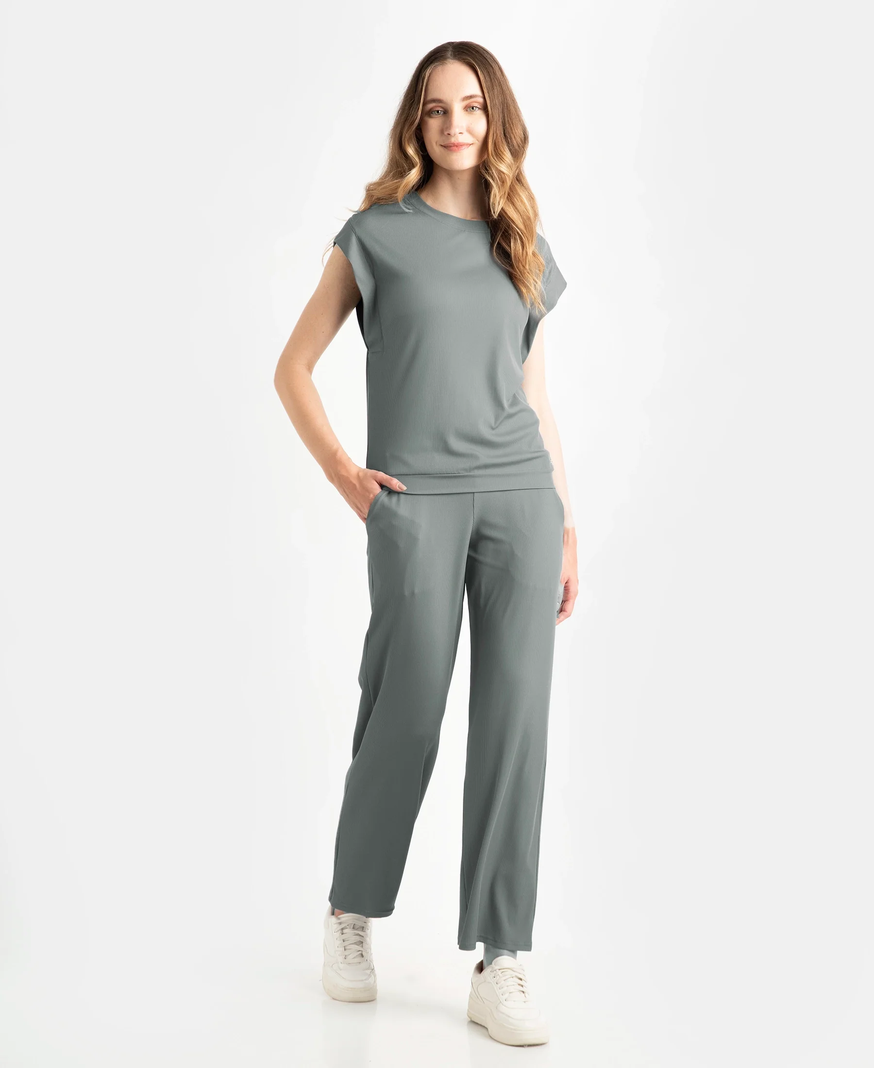 Microfiber Elastane Stretch Hybrid Tank Top with Ribbed Sleeves - Gun Metal - Image 4