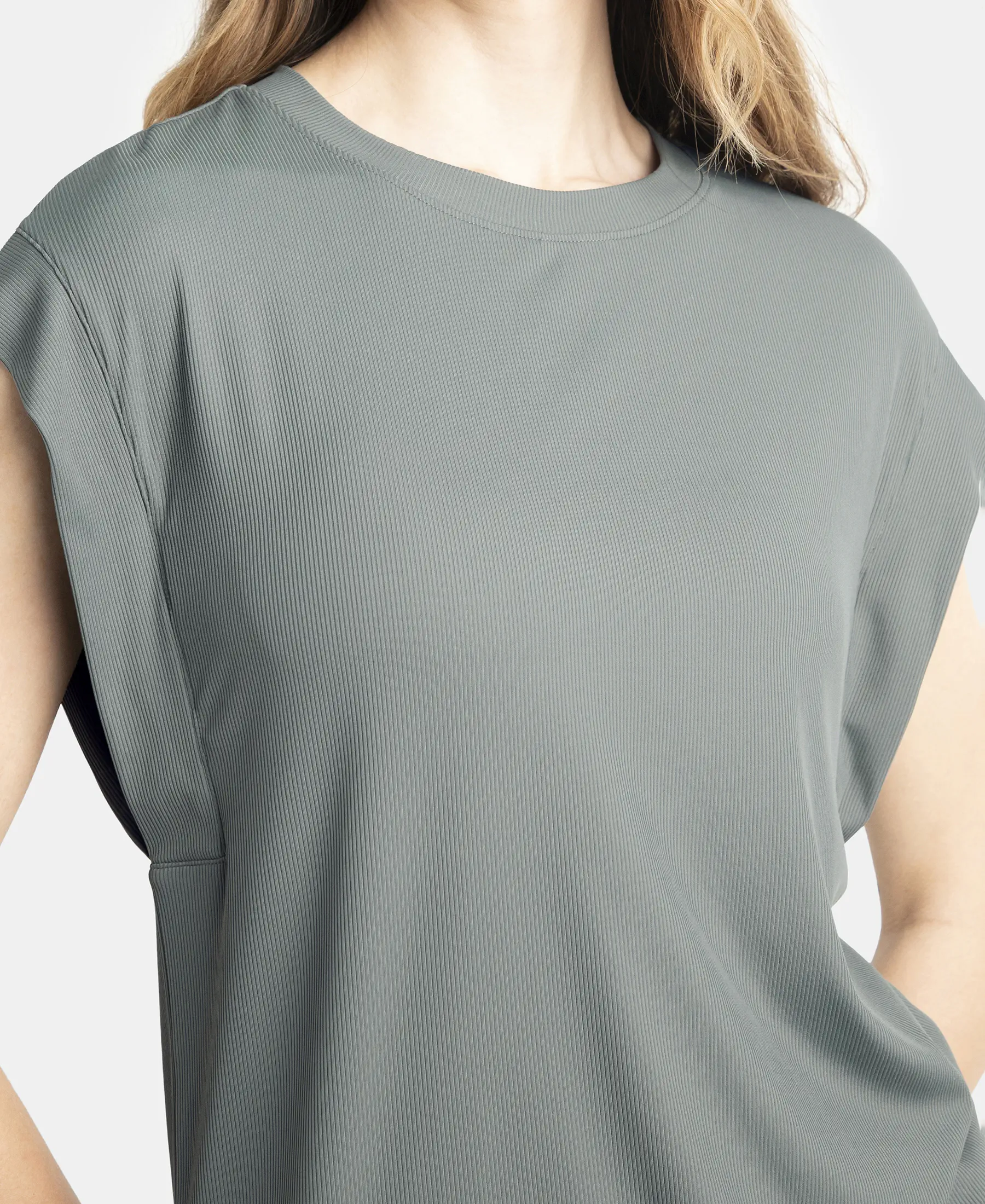 Microfiber Elastane Stretch Hybrid Tank Top with Ribbed Sleeves - Gun Metal - Image 7