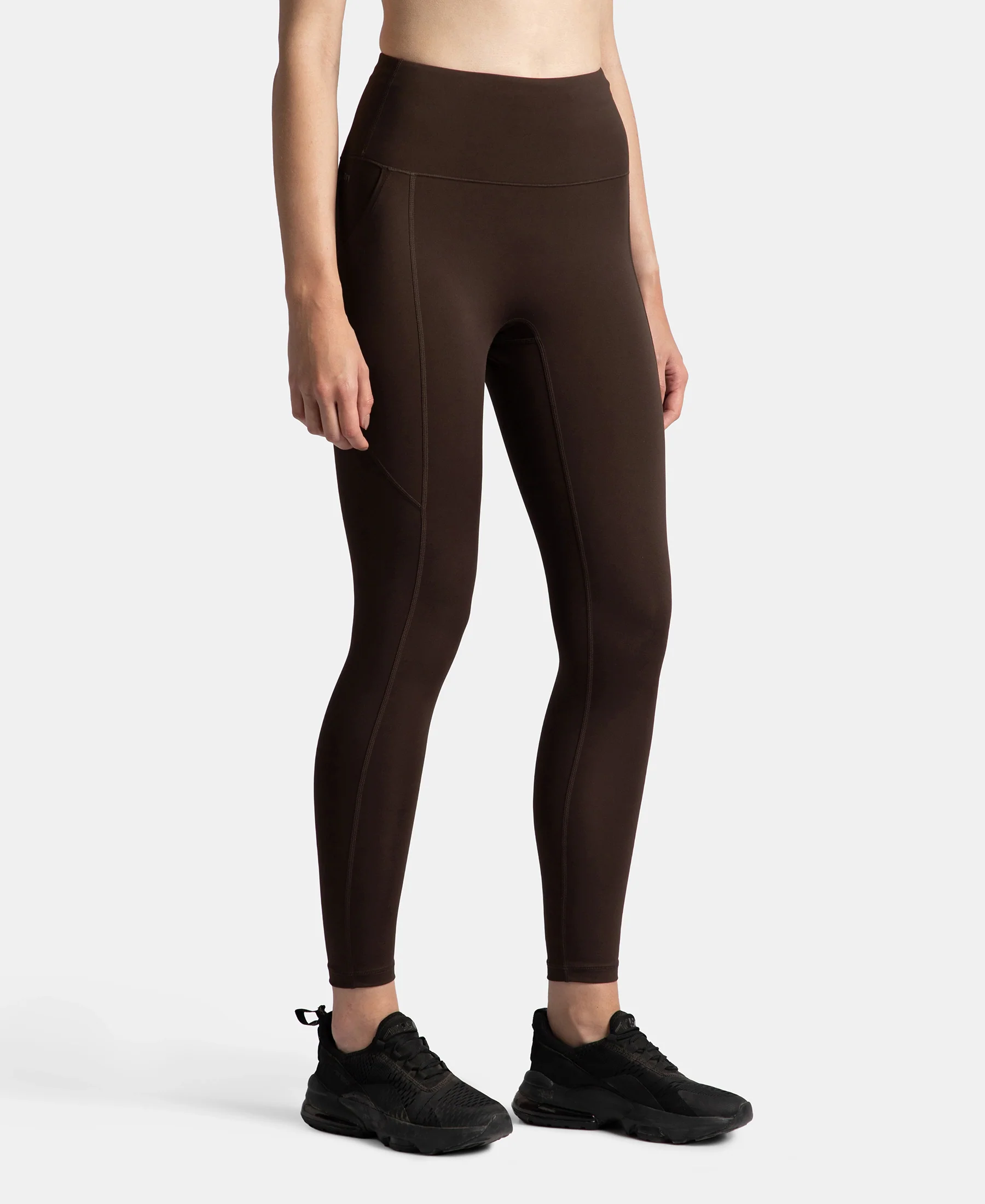 Microfiber Elastane Stretch Performance 7/8th Leggings with Broadwaistband & Back Pocket - Coffee - Image 2