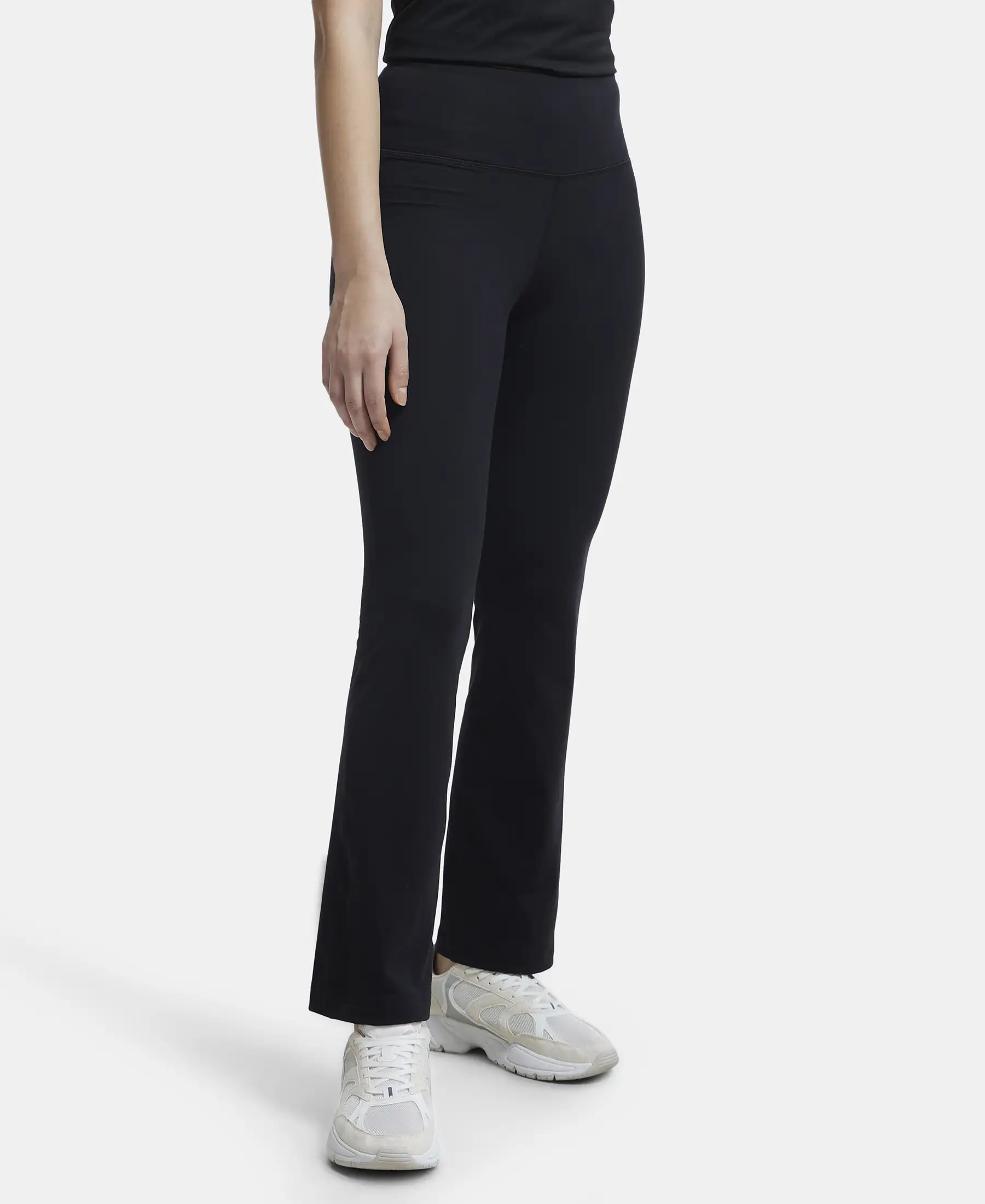 Microfiber Elastane Stretch Regular Fit Flared Pants with StayFresh Treatment - Black - Image 2