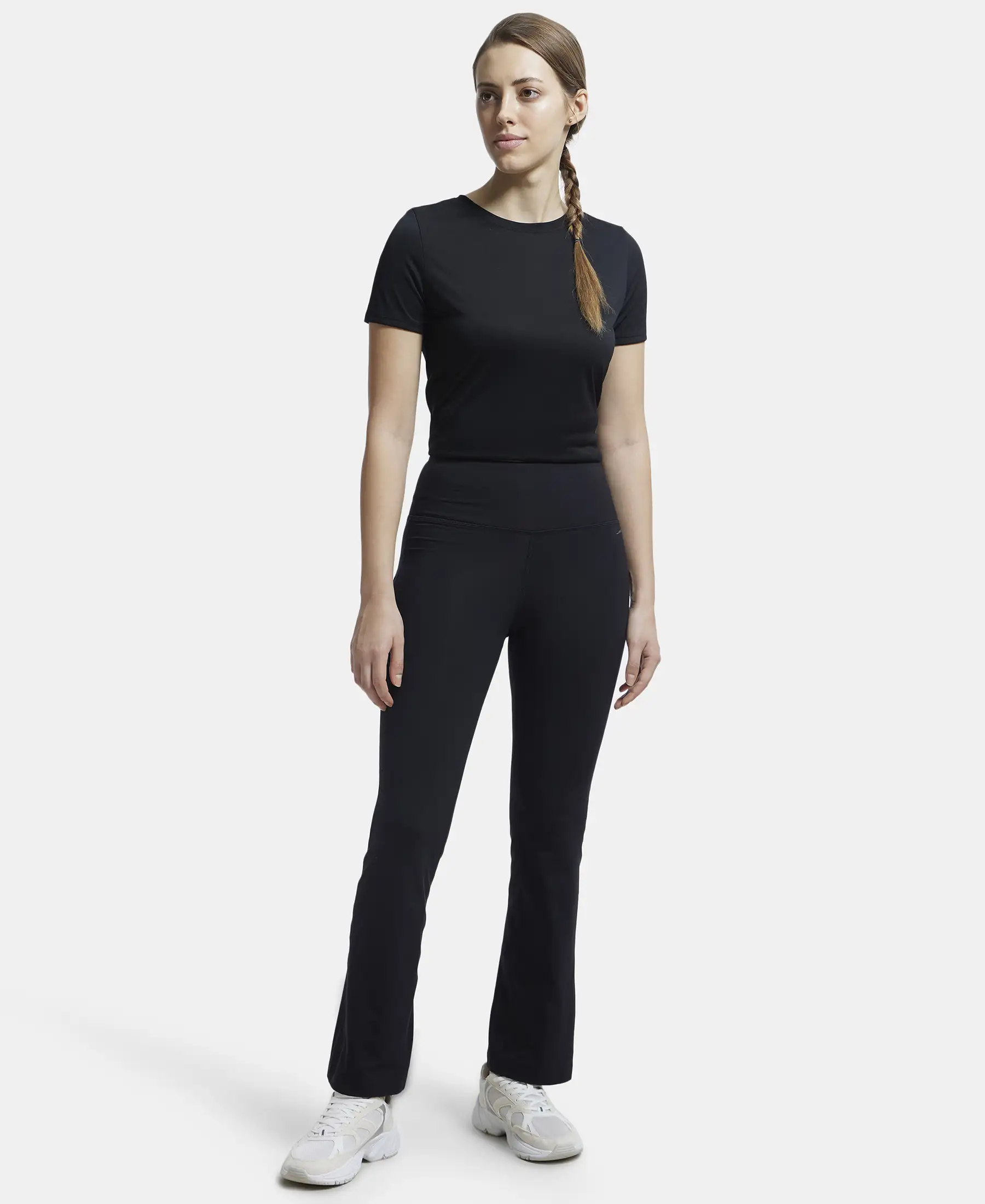 Microfiber Elastane Stretch Regular Fit Flared Pants with StayFresh Treatment - Black - Image 4