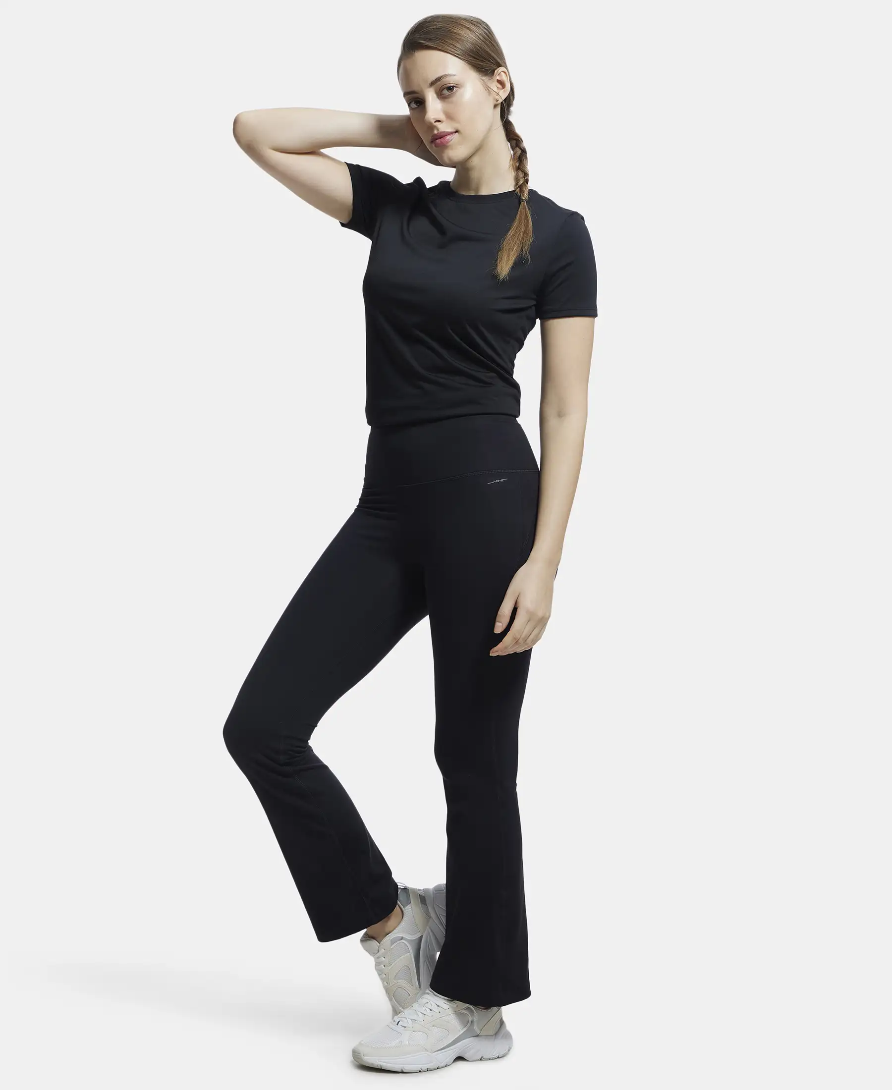 Microfiber Elastane Stretch Regular Fit Flared Pants with StayFresh Treatment - Black - Image 6