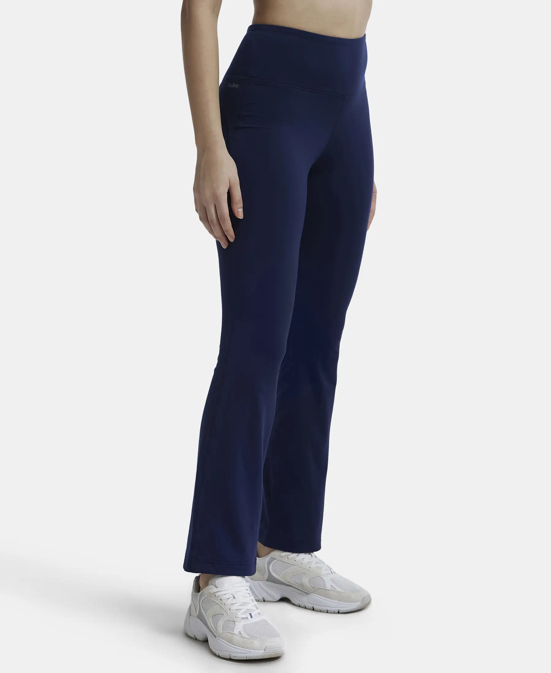 Microfiber Elastane Stretch Regular Fit Flared Pants with StayFresh Treatment - Peacoat - Image 2