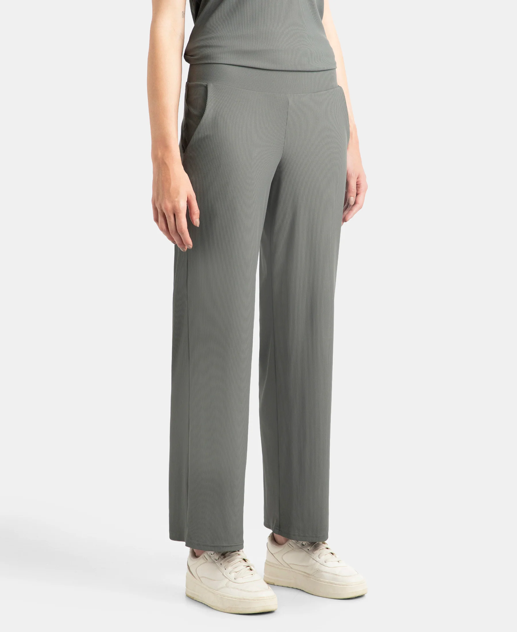 Microfiber Elastane Stretch Regular Fit Wide Leg Pants - Gun Metal - Image 2