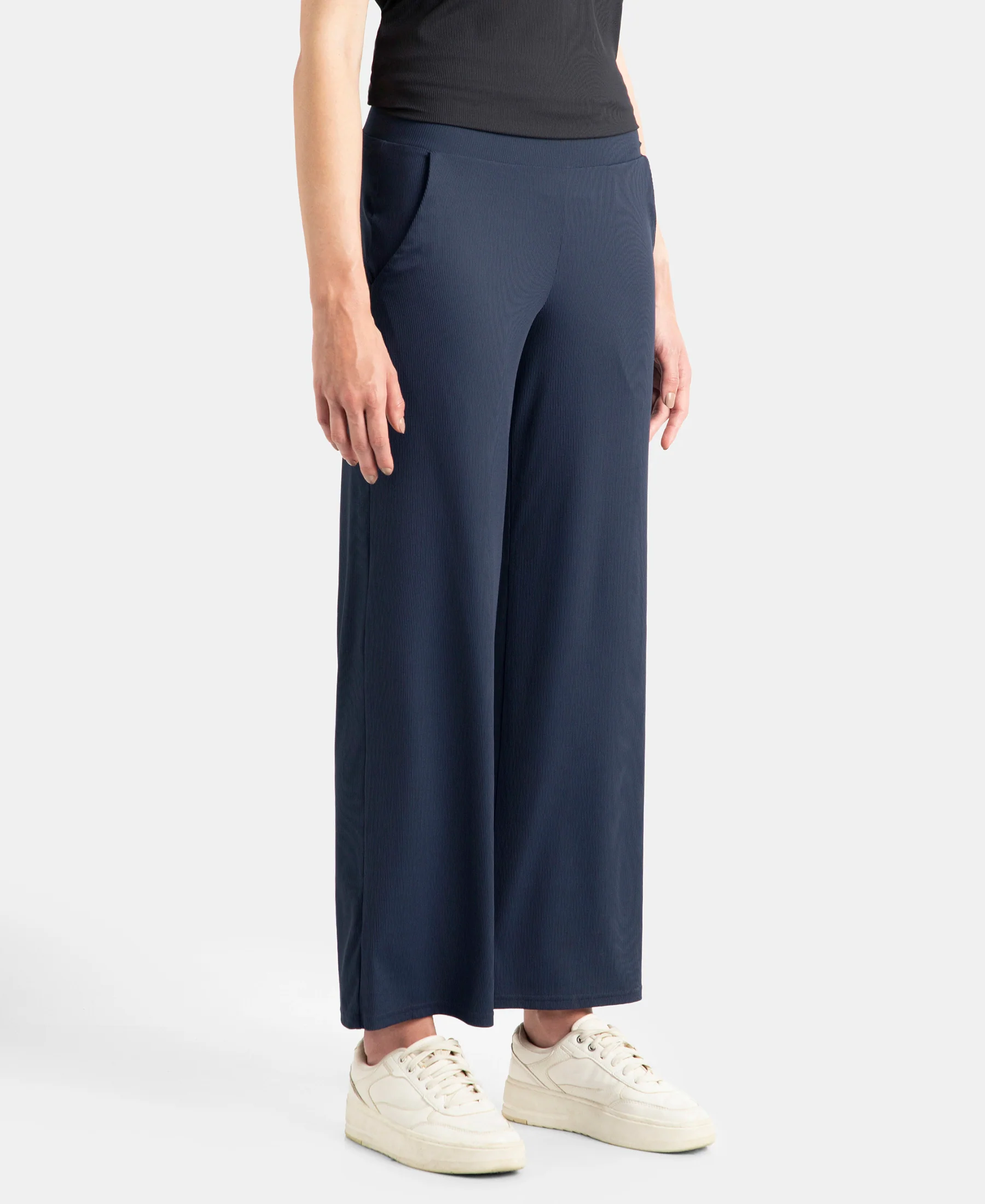 Microfiber Elastane Stretch Regular Fit Wide Leg Pants - Mid Night Navy - Image 2