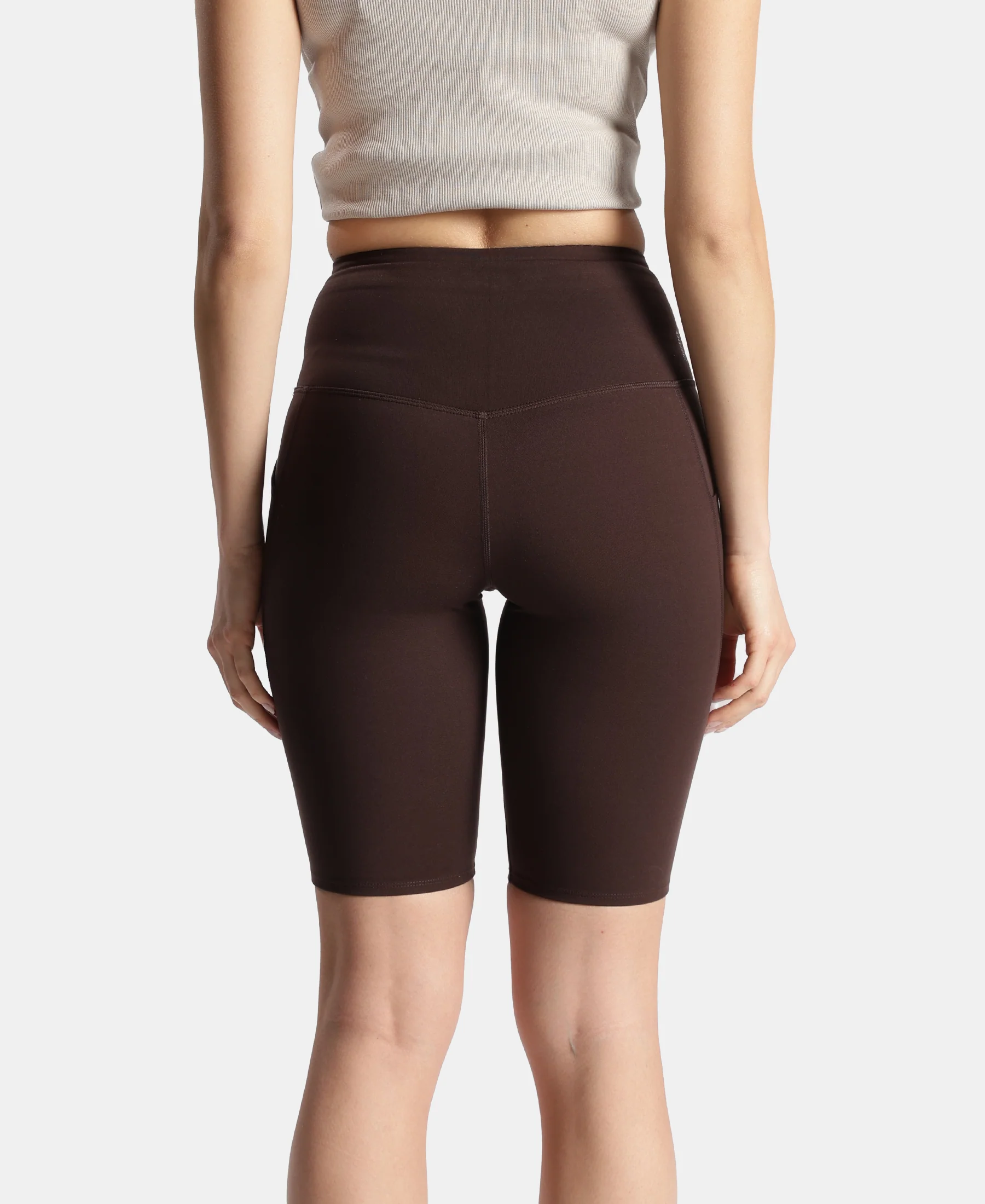 Microfiber Elastane Stretch Slim Fit Shorts with Side Pockets - Coffee - Image 3