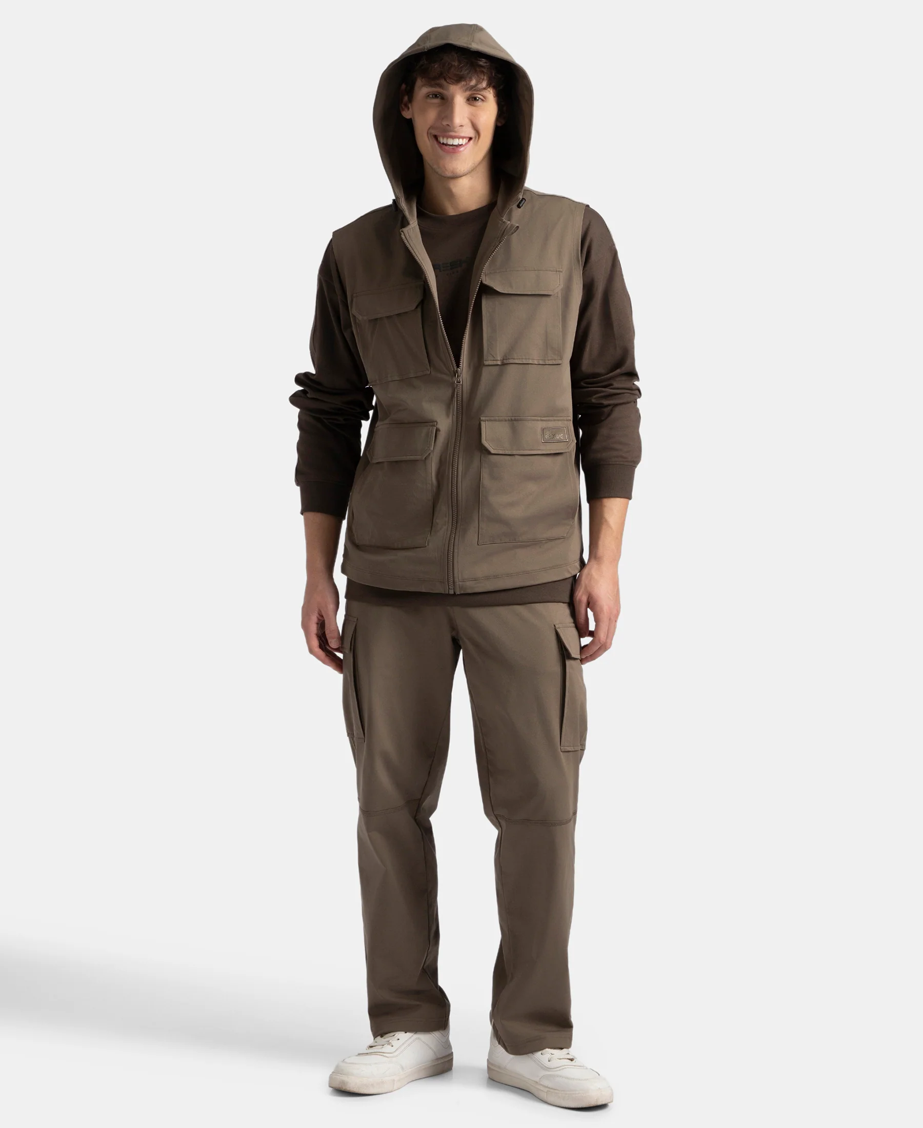 Microfiber Fabric 6 Pocket Full Zip Closure Hoodie Gilet - Green - Image 4