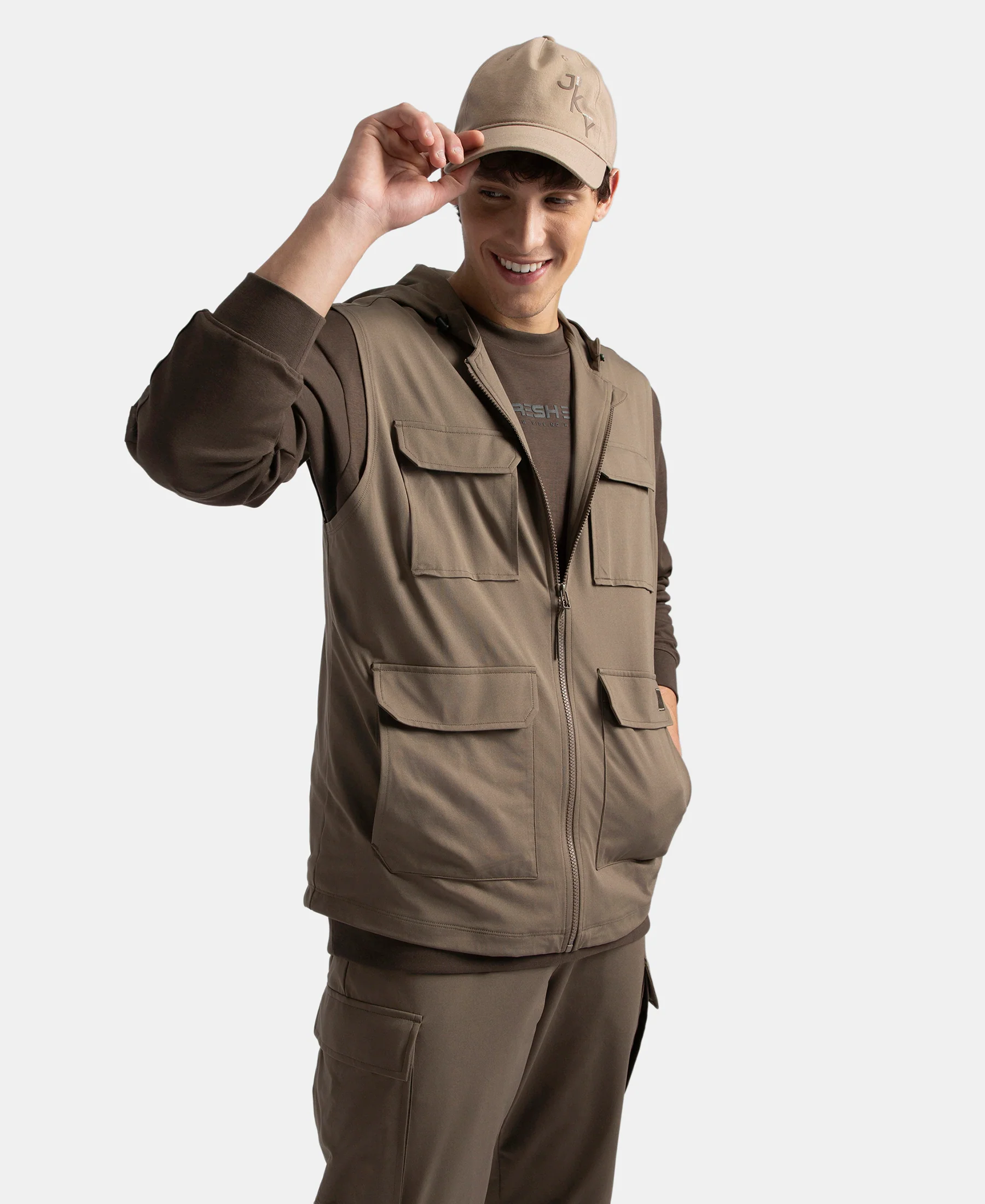 Microfiber Fabric 6 Pocket Full Zip Closure Hoodie Gilet - Green - Image 5