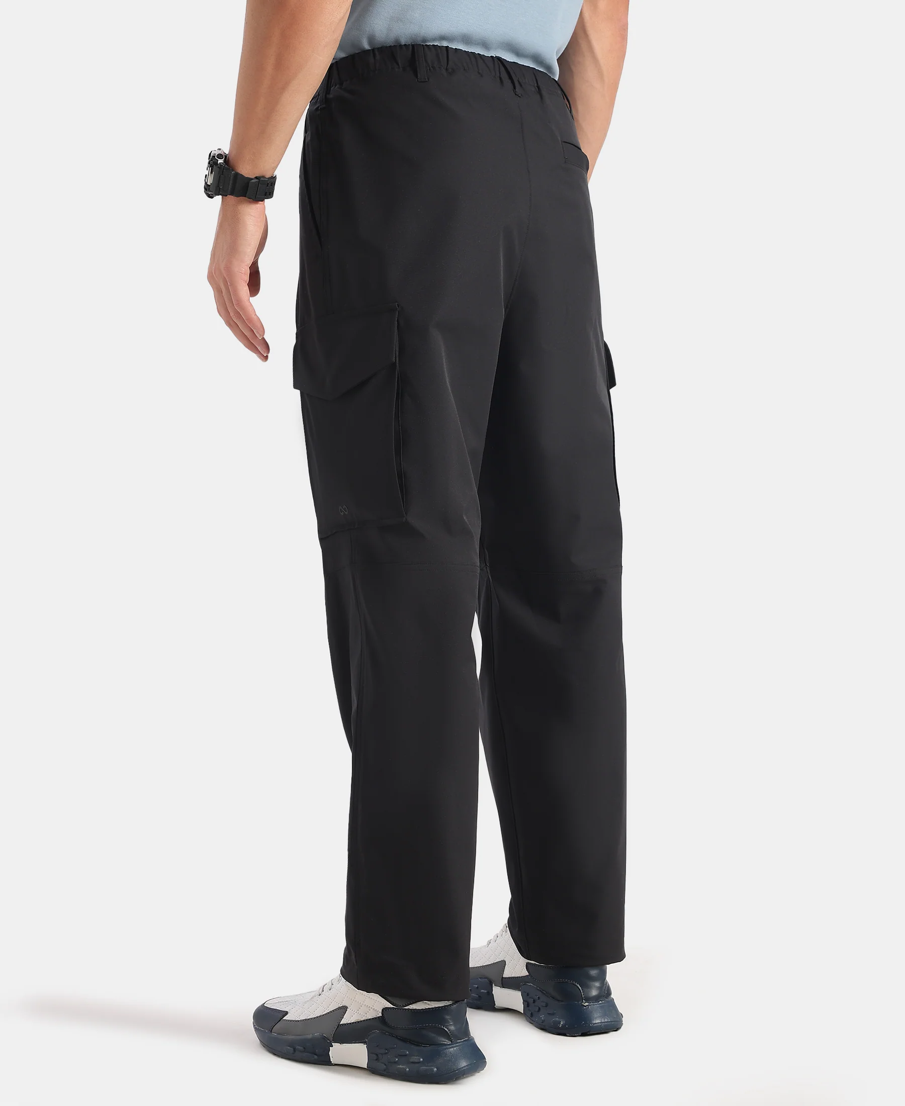 Microfiber Fabric Oversized Cargo Utility Pants with Inner Drawstrings - Black - Image 3