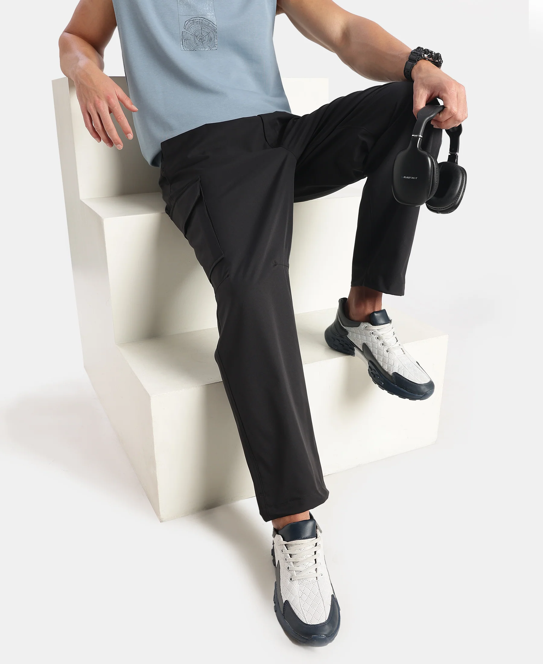 Microfiber Fabric Oversized Cargo Utility Pants with Inner Drawstrings - Black - Image 5