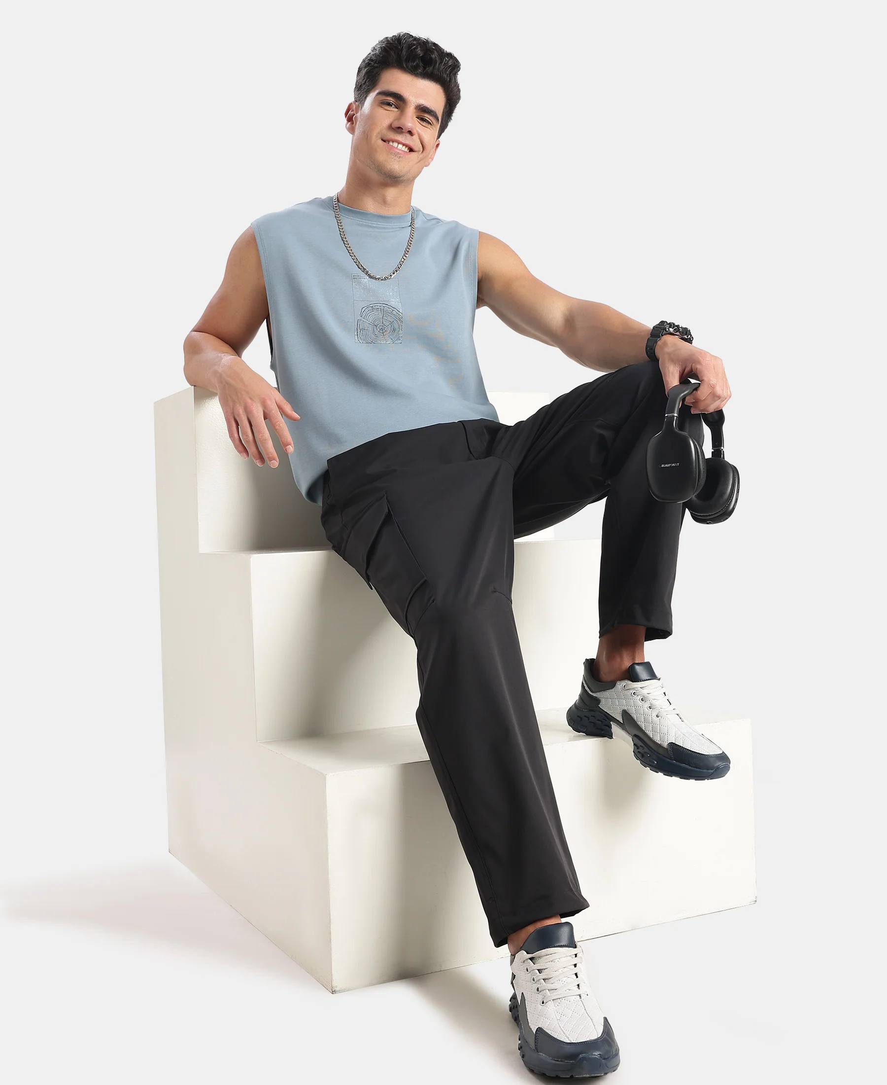 Microfiber Fabric Oversized Cargo Utility Pants with Inner Drawstrings - Black - Image 6
