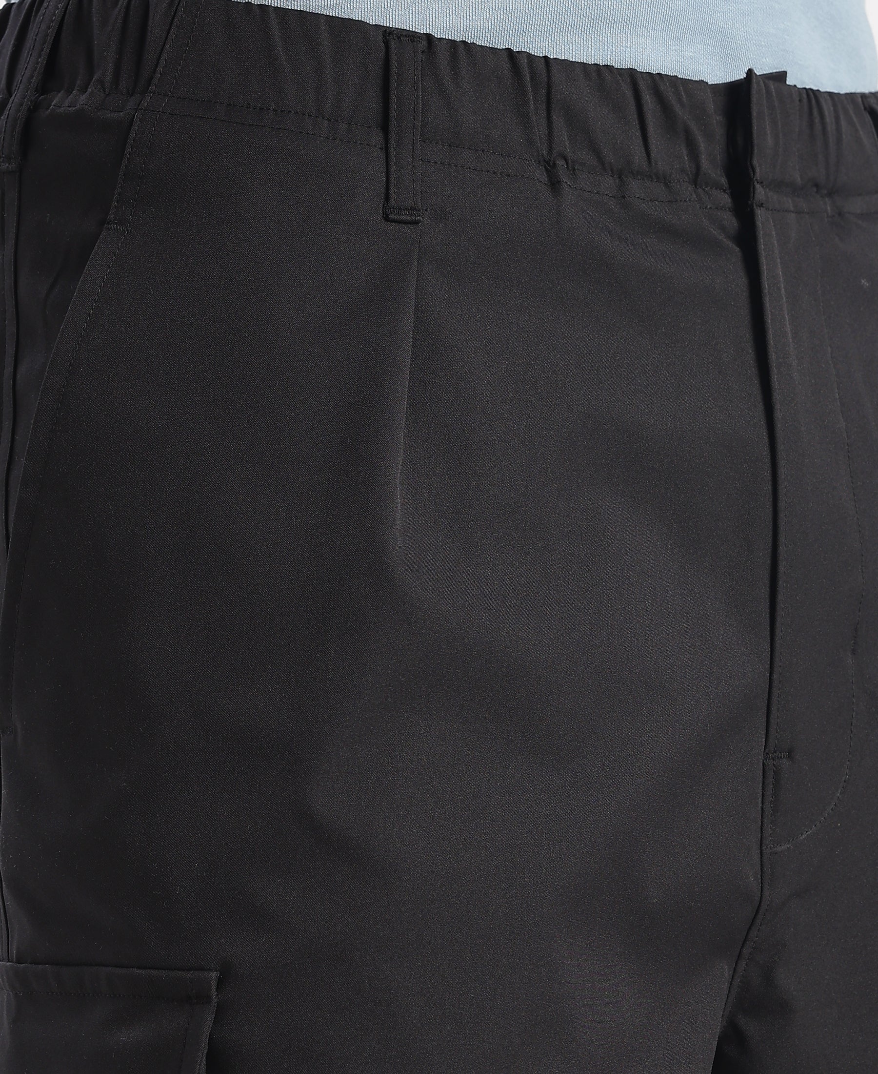 Microfiber Fabric Oversized Cargo Utility Pants with Inner Drawstrings - Black - Image 9
