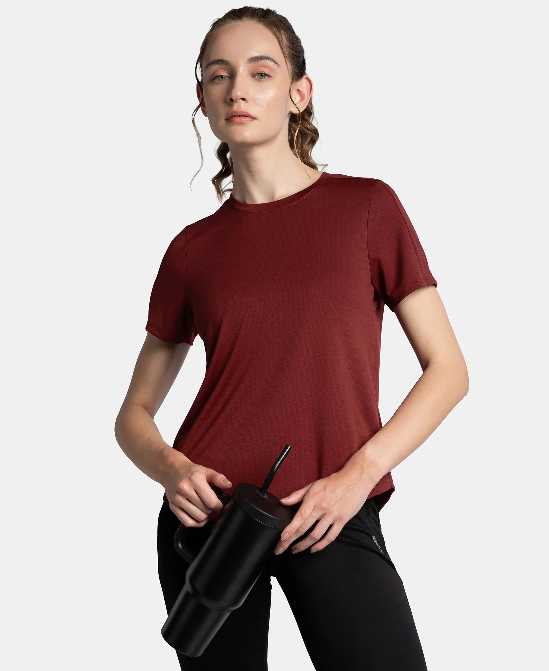 Microfiber Fabric Regular Fit Half Sleeve Breathable Mesh T-Shirt - Tawny Port - Image 5