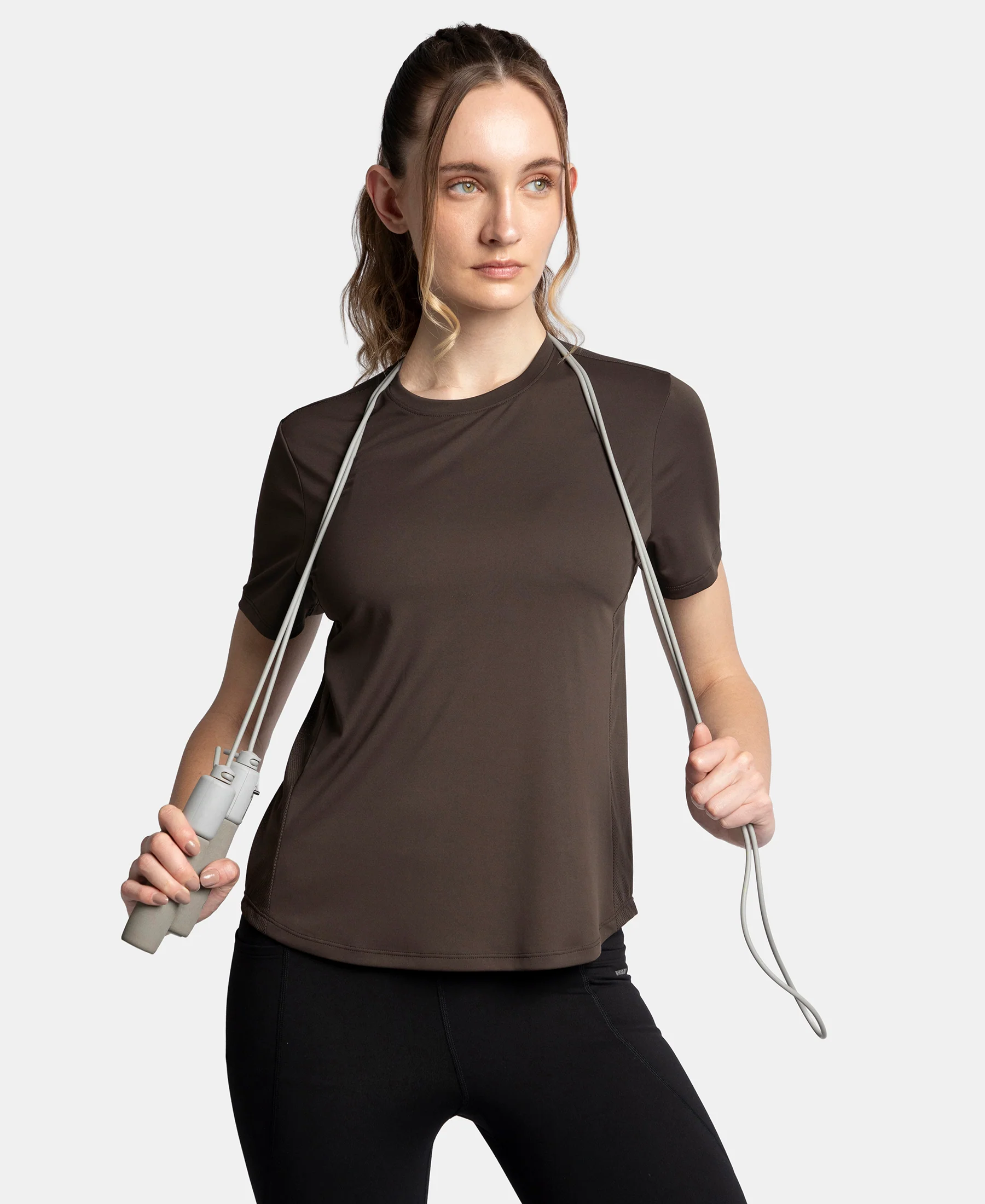 Microfiber Fabric Regular Fit Half Sleeve Breathable Mesh T-Shirt with Curved Hem Styling - Coffee - Image 5
