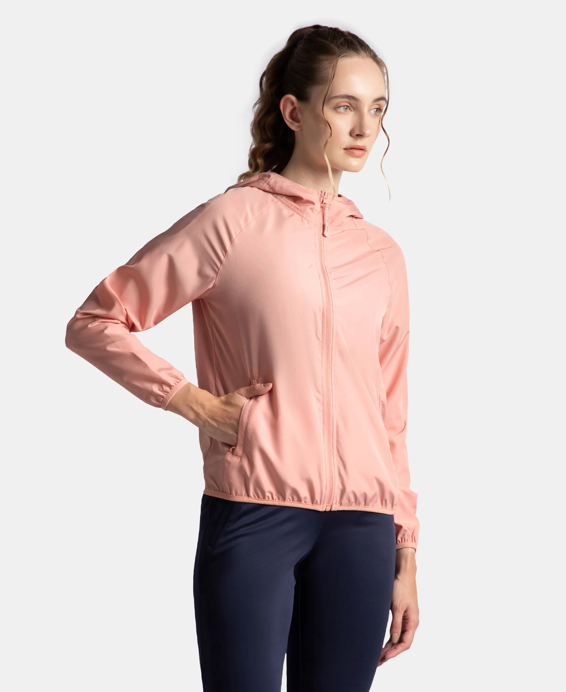 Microfiber Fabric Relaxed Fit Raglan Styled Water Resistant Hoodie Jacket - Mellow Rose - Image 2