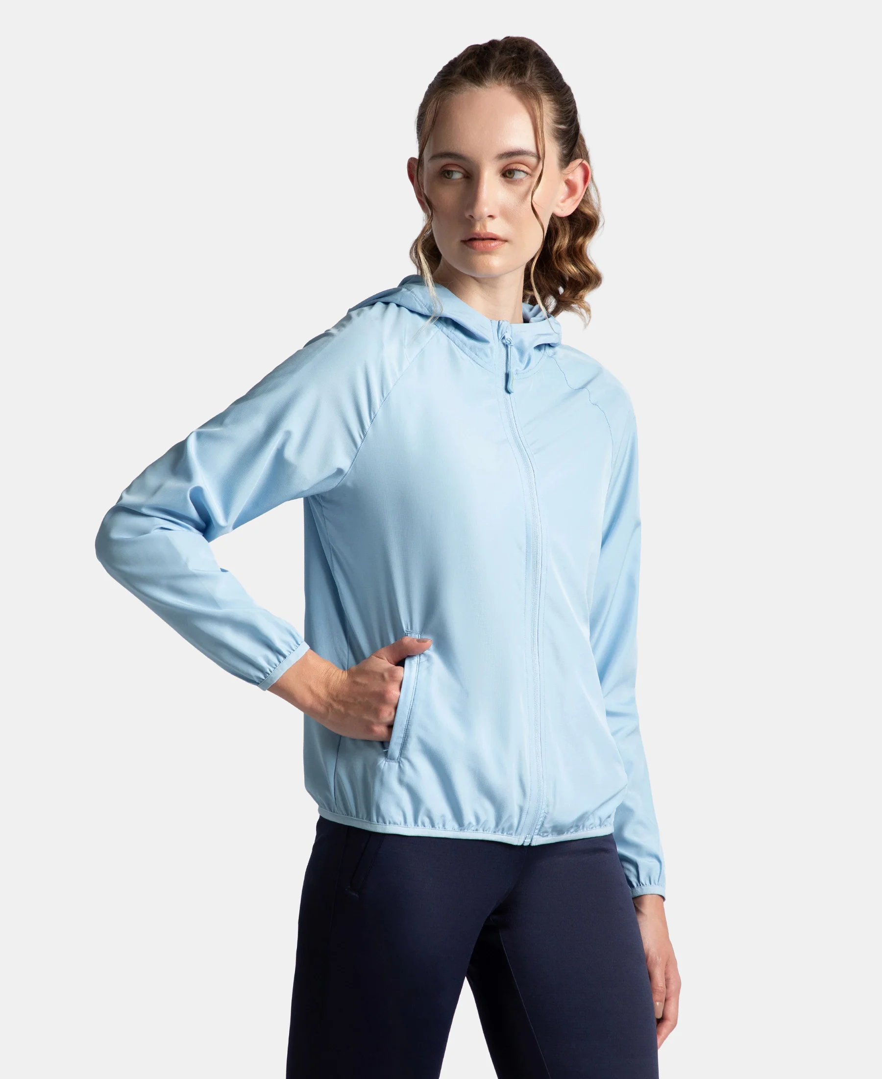 Microfiber Fabric Relaxed Fit Raglan Styled Water Resistant Hoodie Jacket - Powder Blue - Image 2