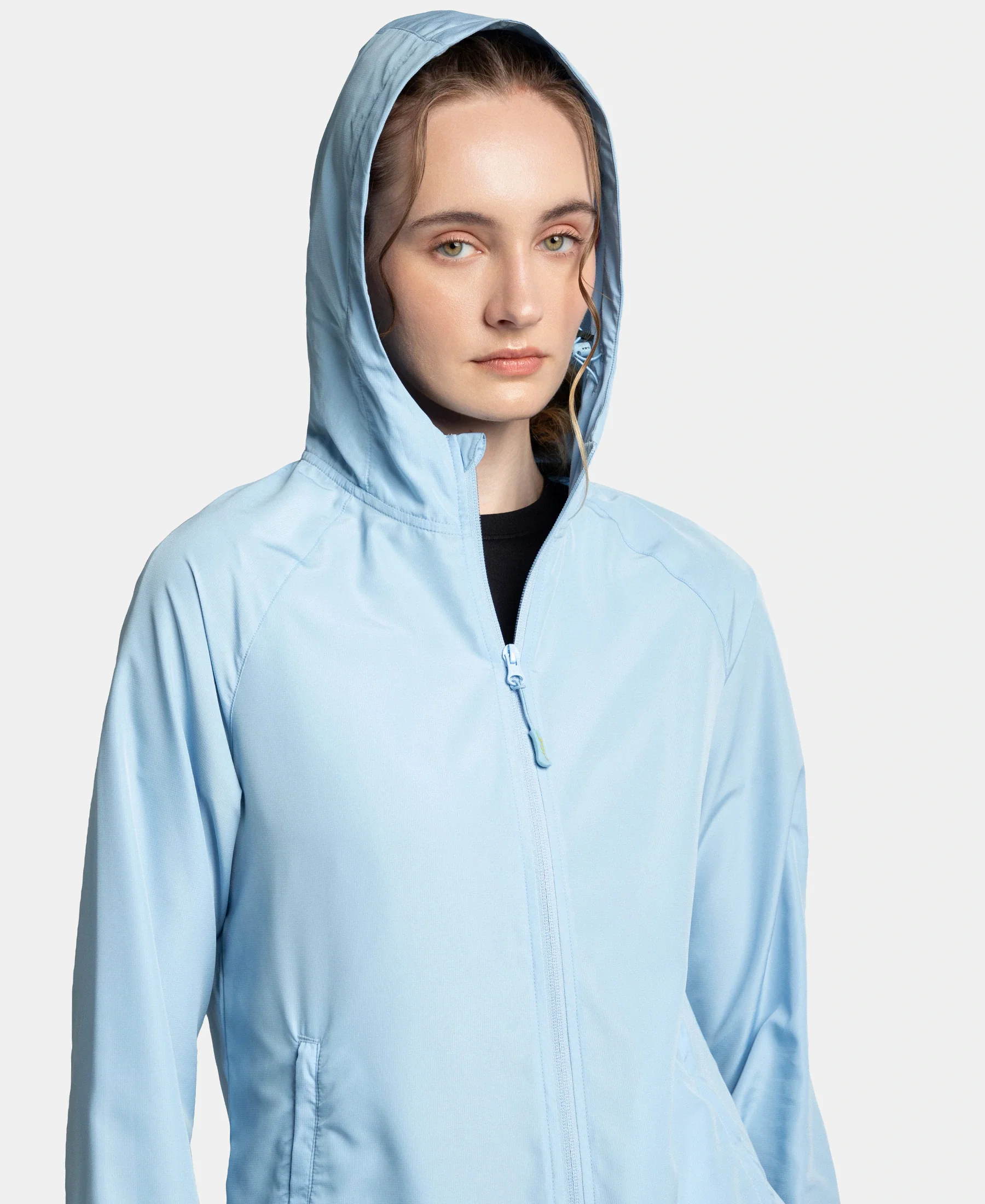Microfiber Fabric Relaxed Fit Raglan Styled Water Resistant Hoodie Jacket - Powder Blue - Image 8