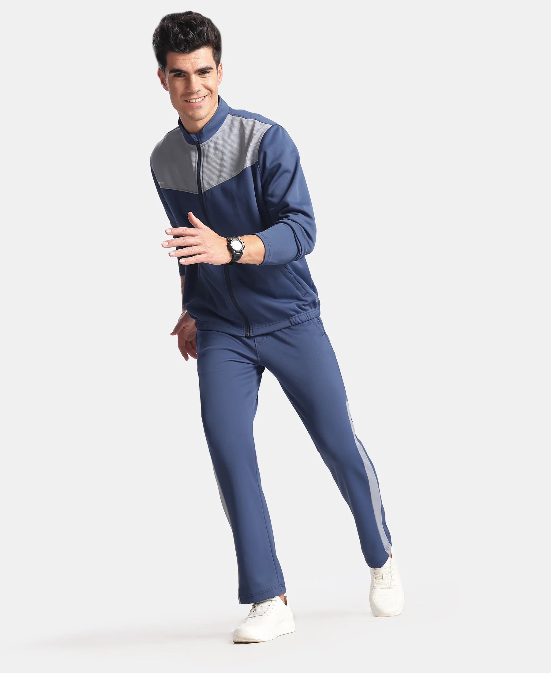 Microfiber Fabric Slimfit Trackpant with Zipper Pockets and StayFresh Treatment - Navy & Grey - Image 4