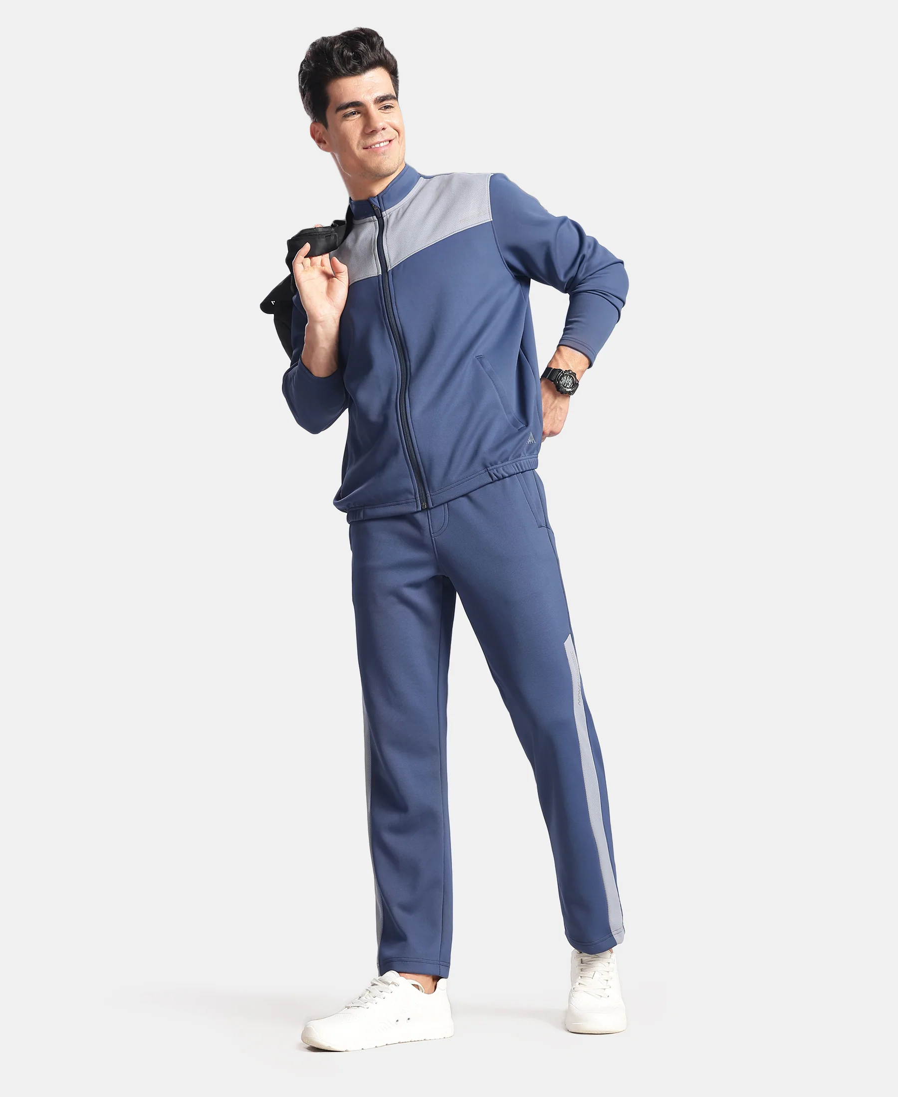 Microfiber Fabric Slimfit Trackpant with Zipper Pockets and StayFresh Treatment - Navy & Grey - Image 6