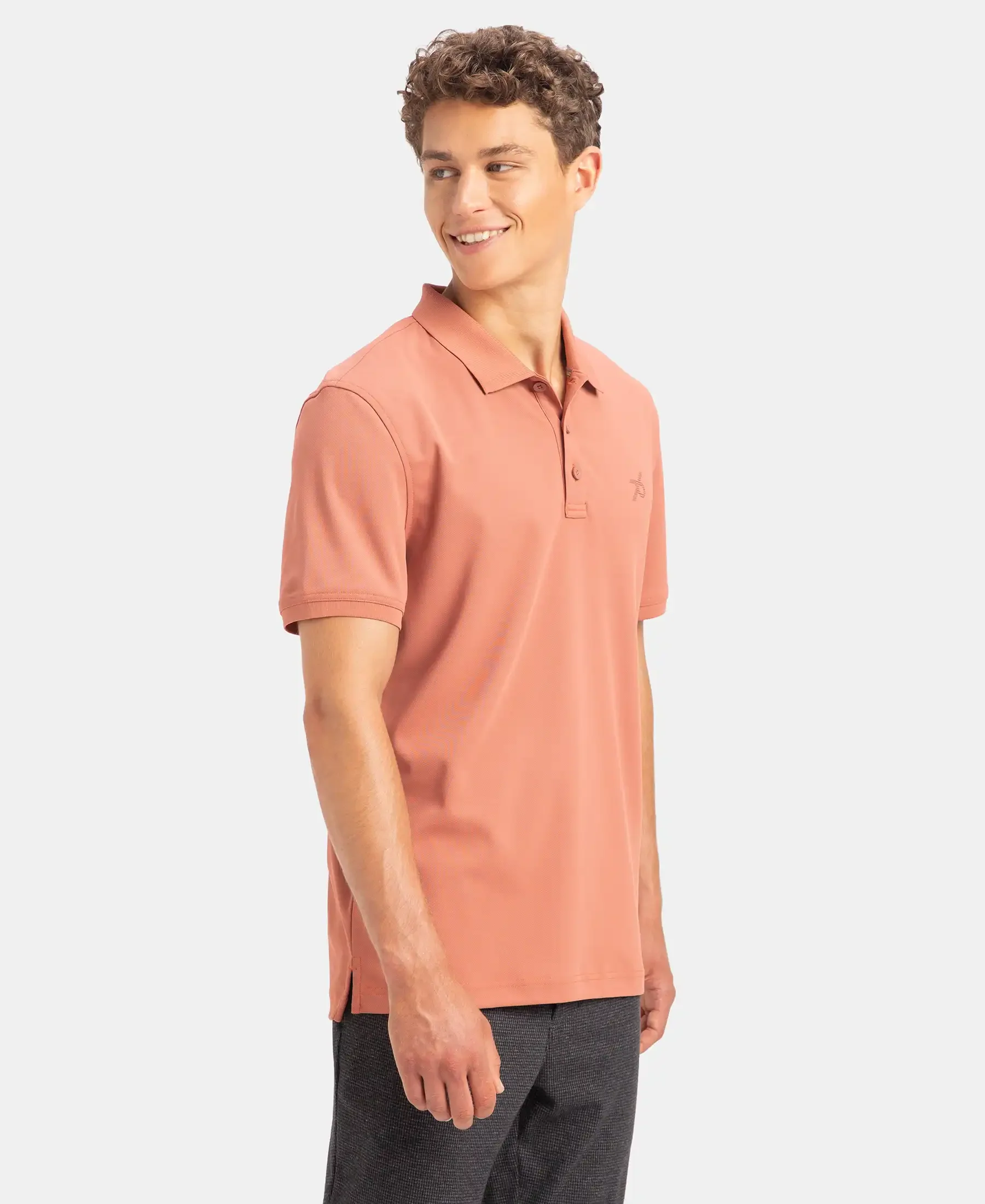 Microfiber Fabric Solid Half Sleeve Polo T-Shirt with StayDry & StayFresh Technology - Copper - Image 2