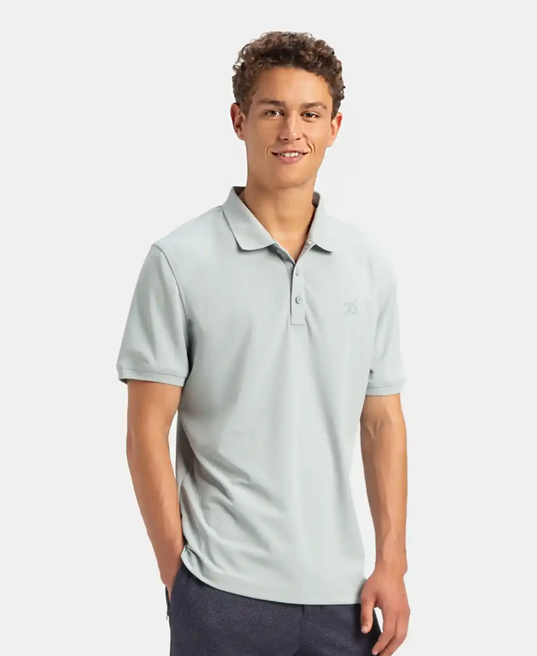 Microfiber Fabric Solid Half Sleeve Polo T-Shirt with StayDry & StayFresh Technology - Light Grey - Image 2