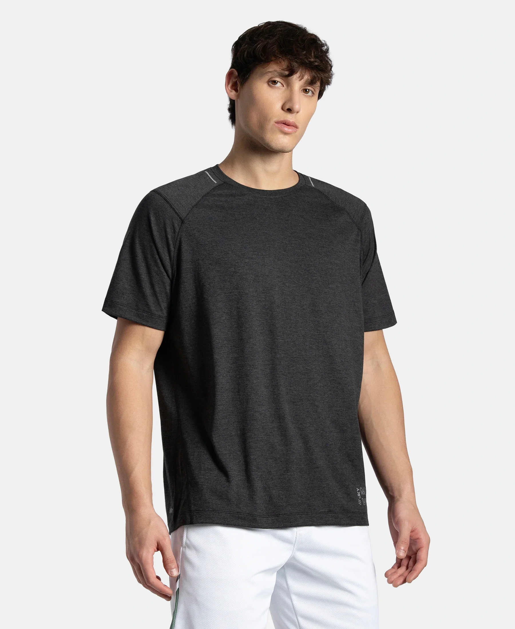 Microfiber Fabric Round Neck Half Sleeve T-Shirt with StayDry Tech - Black Melange - Image 2