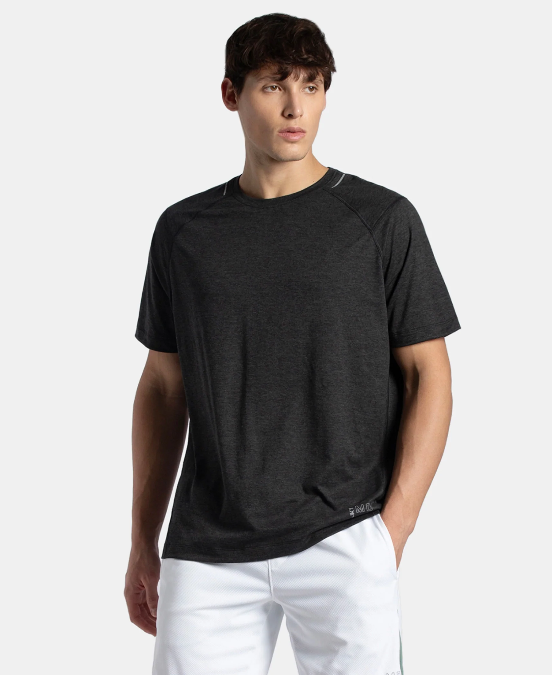 Microfiber Fabric Round Neck Half Sleeve T-Shirt with StayDry Tech - Black Melange - Image 5