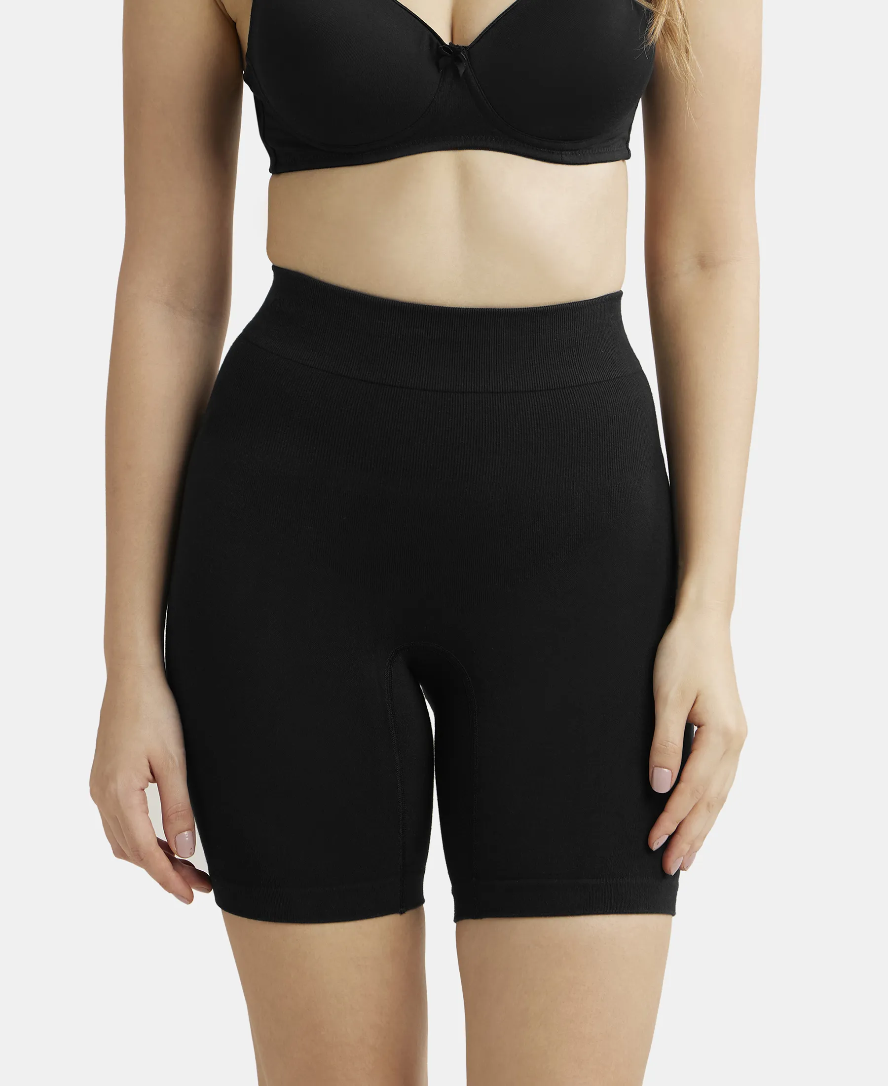 Mid Waist Cotton Rich Elastane Stretch Seamfree Shorts Shapewear with Breathable Inner Thigh Panel - Black