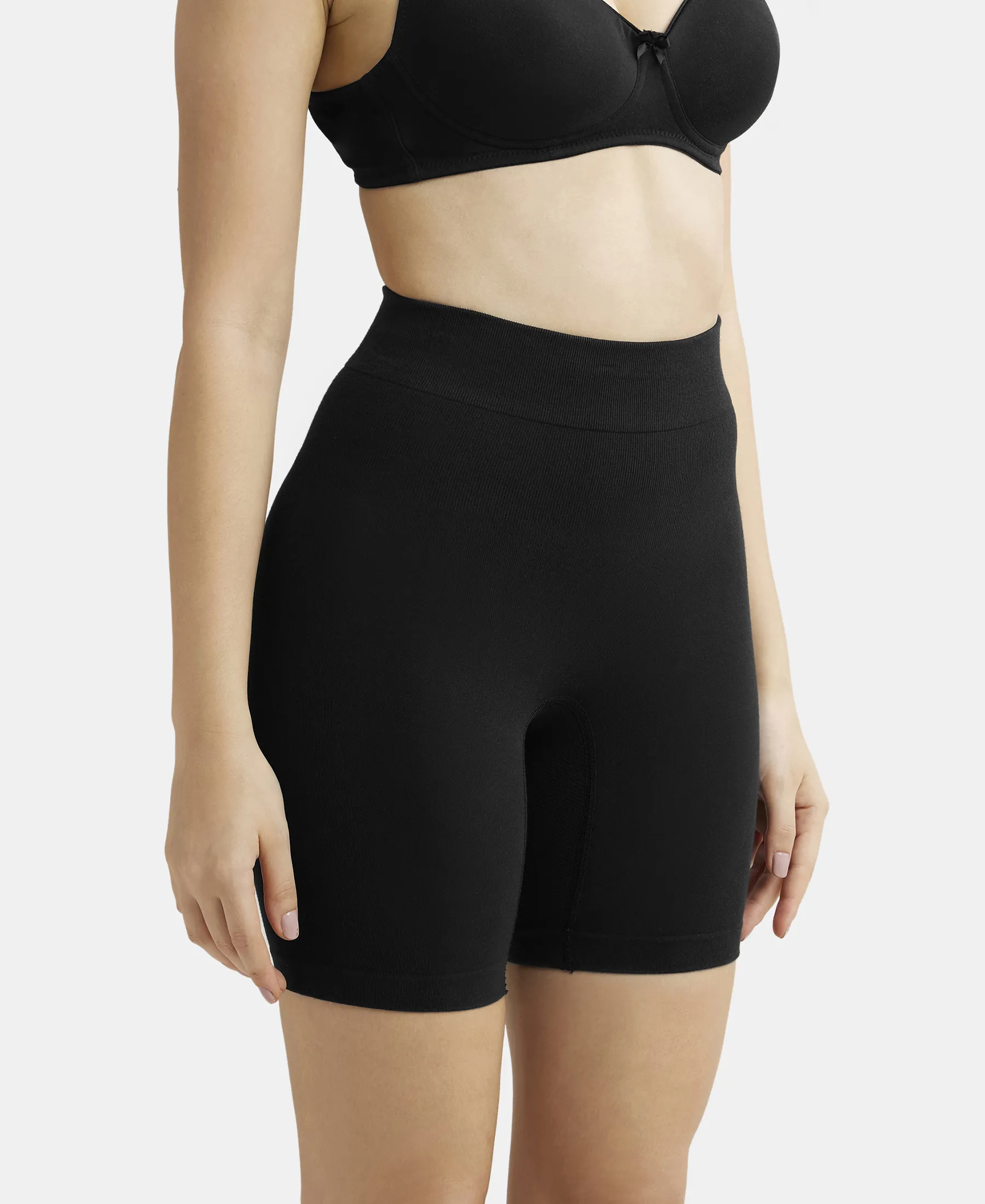 Mid Waist Cotton Rich Elastane Stretch Seamfree Shorts Shapewear with Breathable Inner Thigh Panel - Black - Image 2