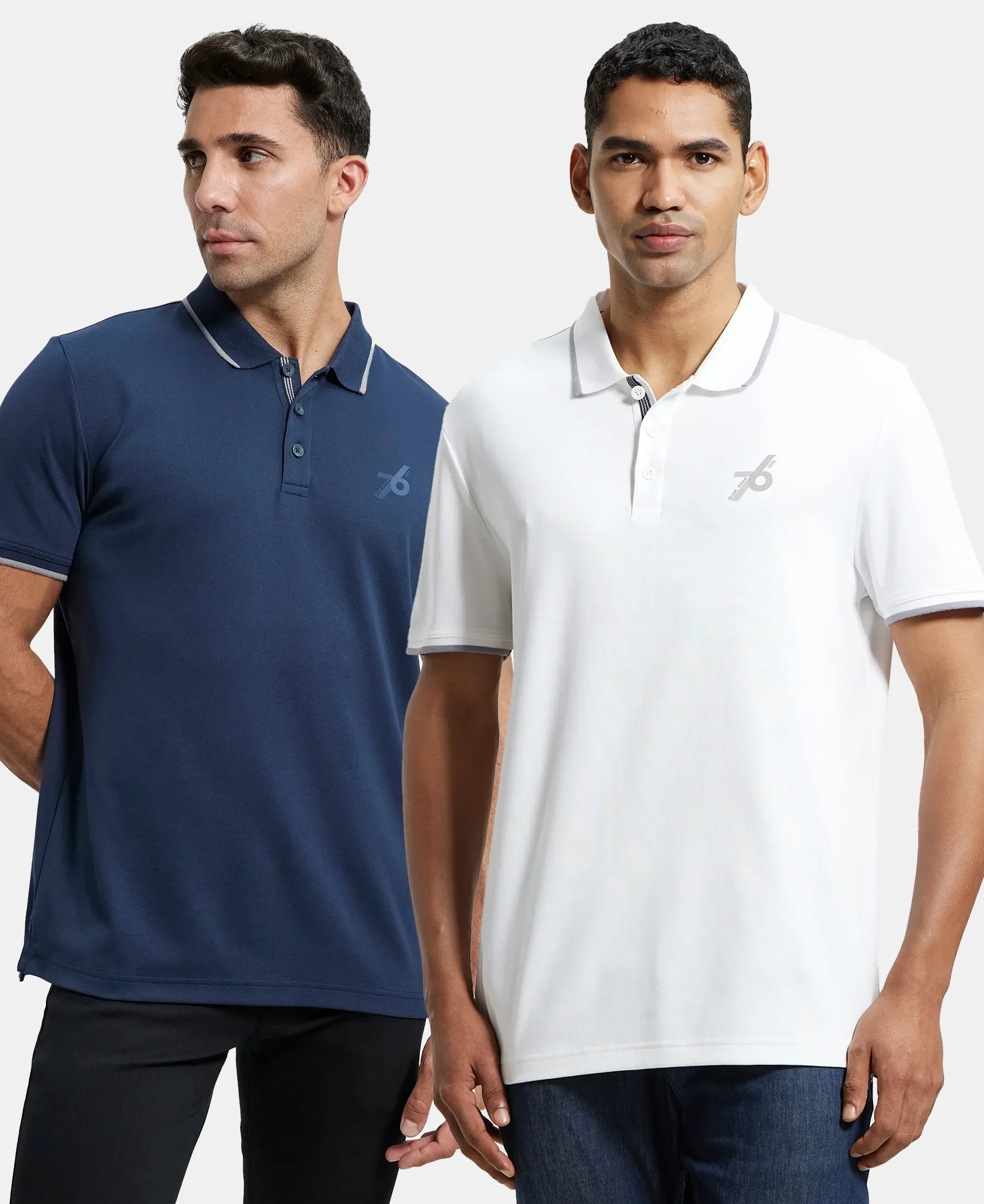 Pack of 2 Super Combed Cotton Rich Solid Half Sleeve Polo T-Shirt - Navy & White - Image 5