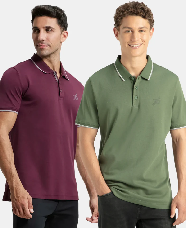 Pack of 2 Super Combed Cotton Rich Solid Half Sleeve Polo T-Shirt - Wine Tasting & Iceberg Green - Image 5