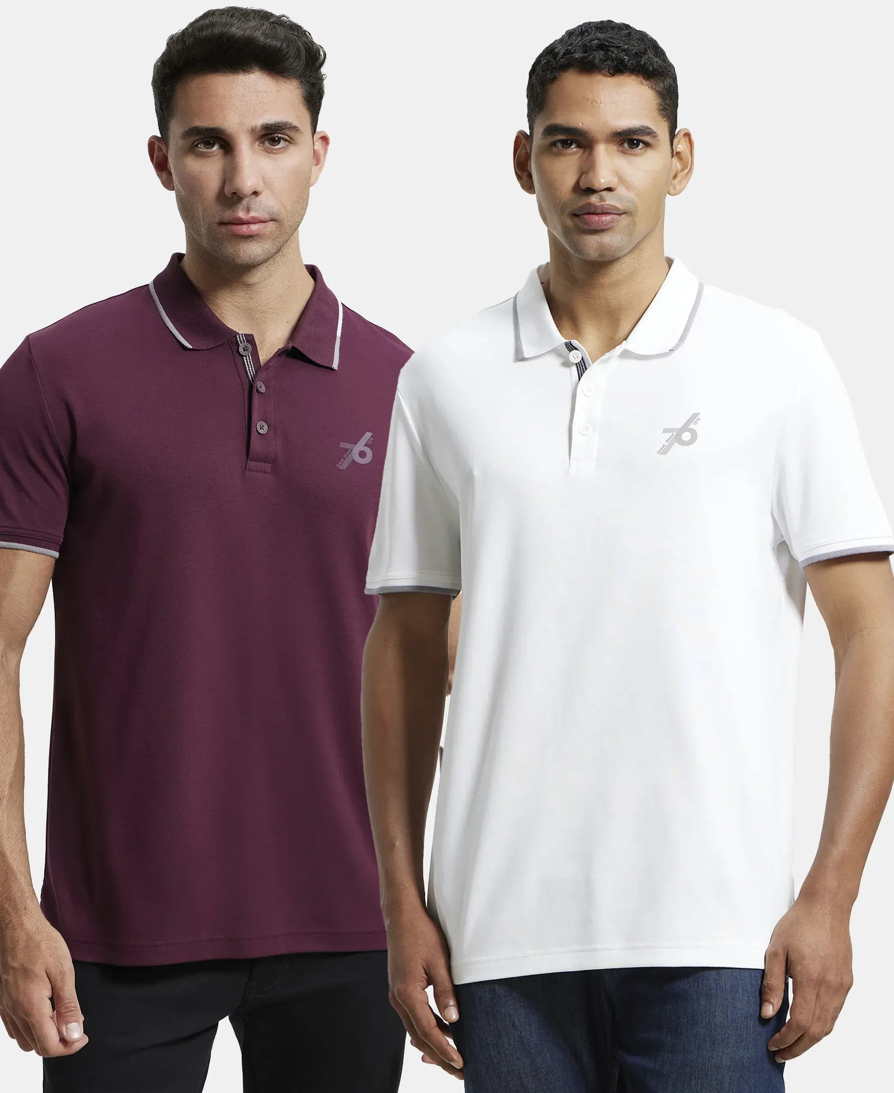 Pack of 2 Super Combed Cotton Rich Solid Half Sleeve Polo T-Shirt - Wine Tasting & White - Image 5