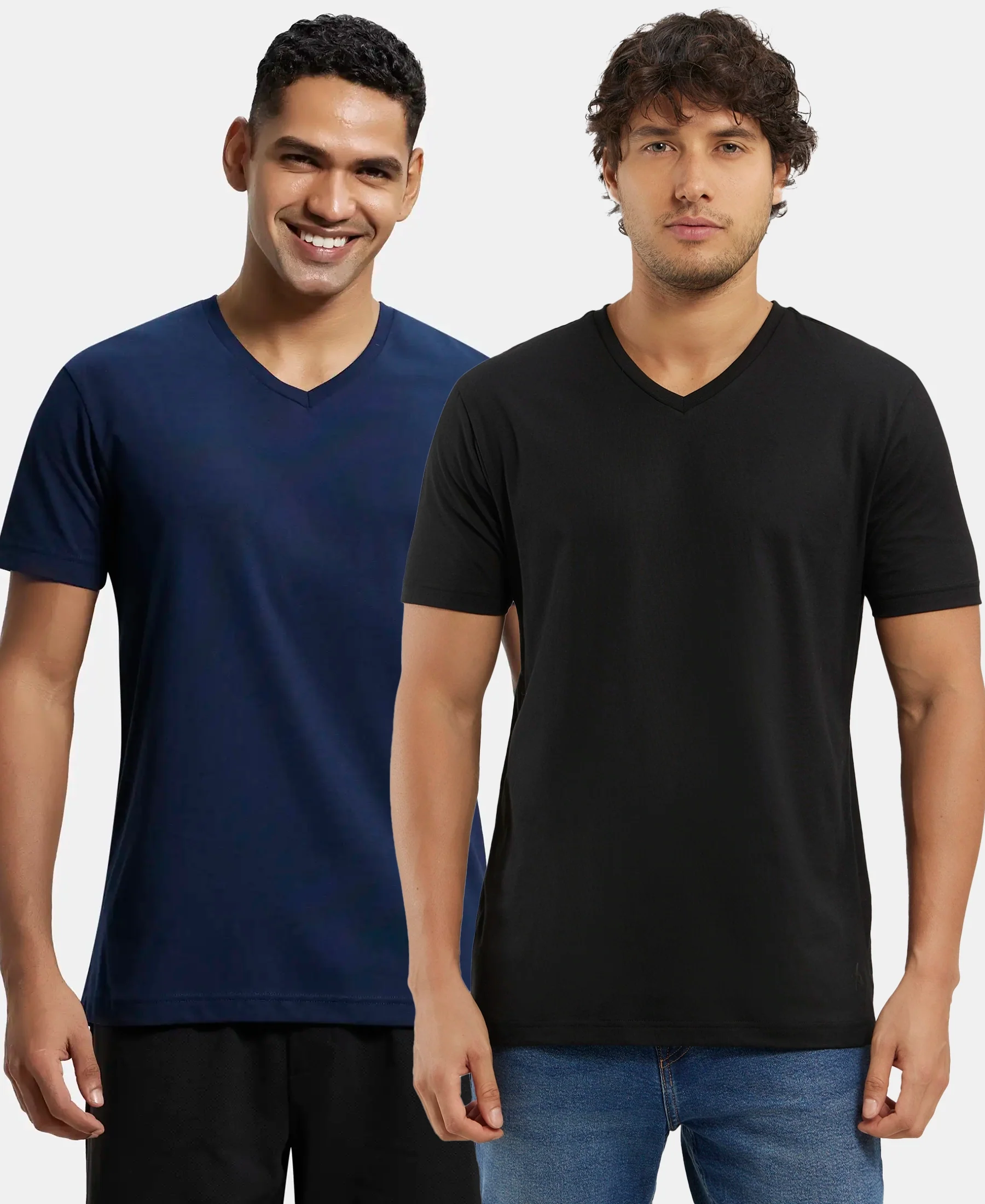 Pack of 2 Super Combed Cotton Rich Solid V Neck Half Sleeve T-Shirt - Black & Navy - Image 5